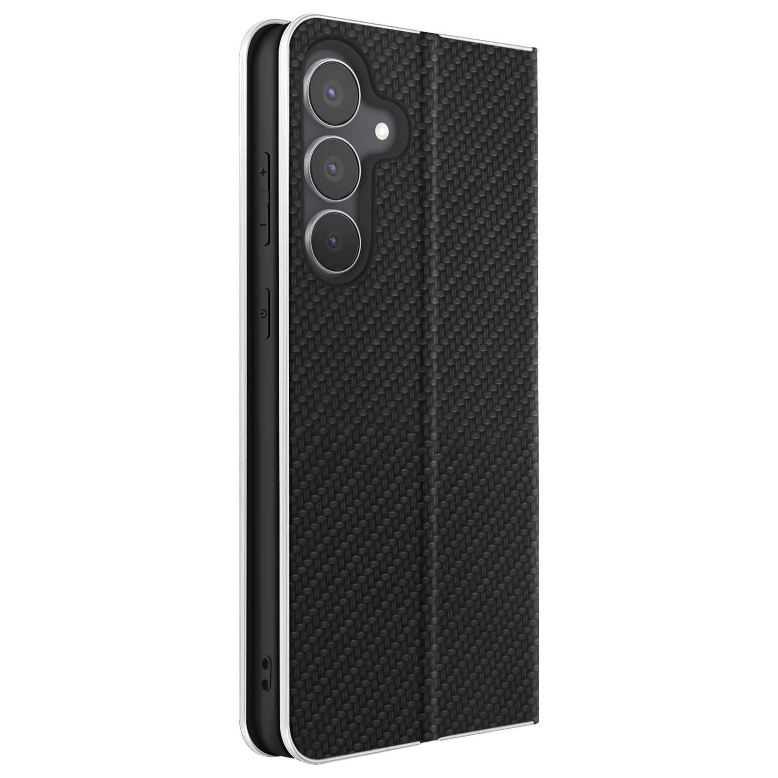 Una custodia per telefono, frontale nero strutturato, finiture argentate e un telefono con lenti a tripla fotocamera sono visibili.