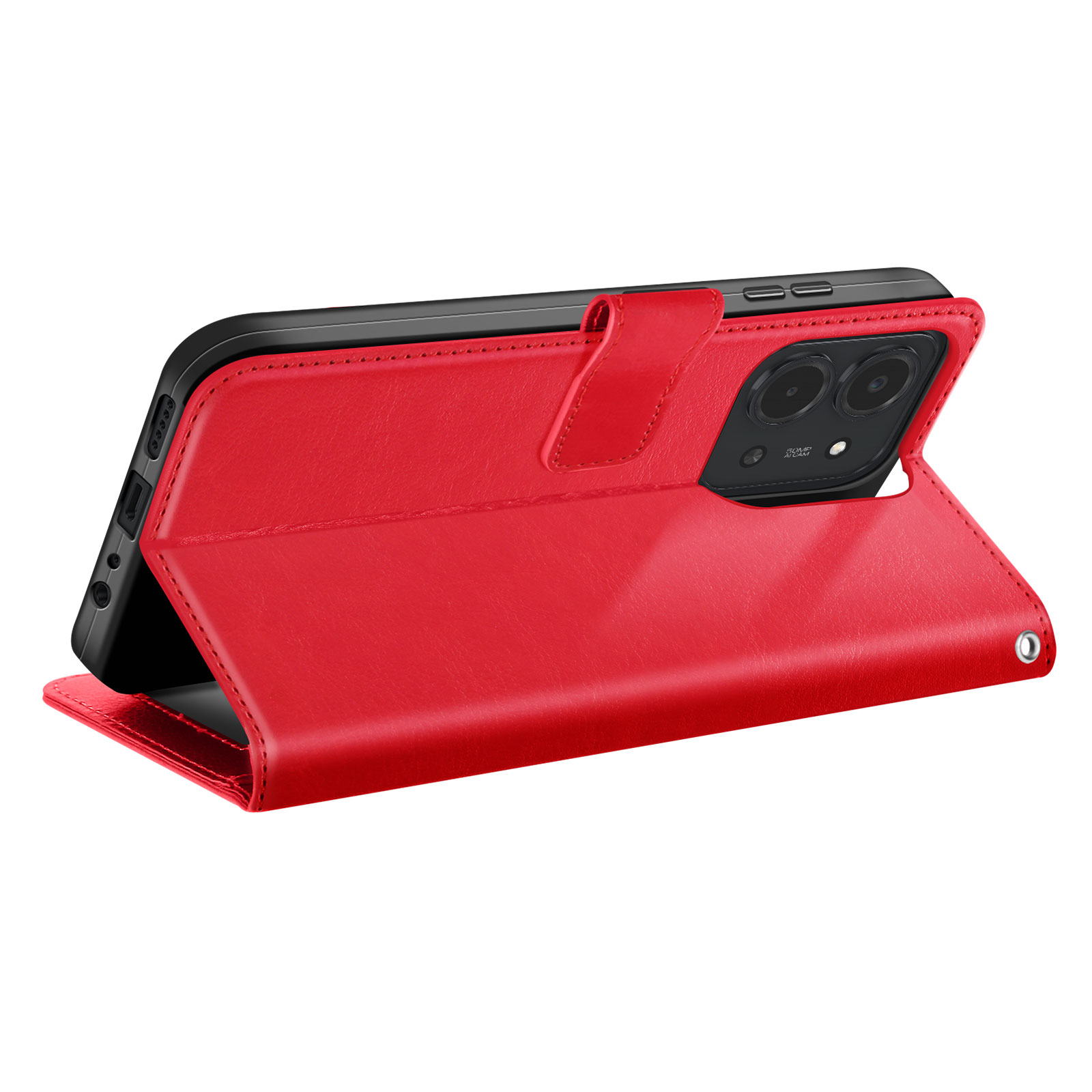 Custodia per telefono rossa, aperta, che mostra il telefono. Il telefono ha due fotocamere. La custodia ha una chiusura magnetica. Sfondo bianco.