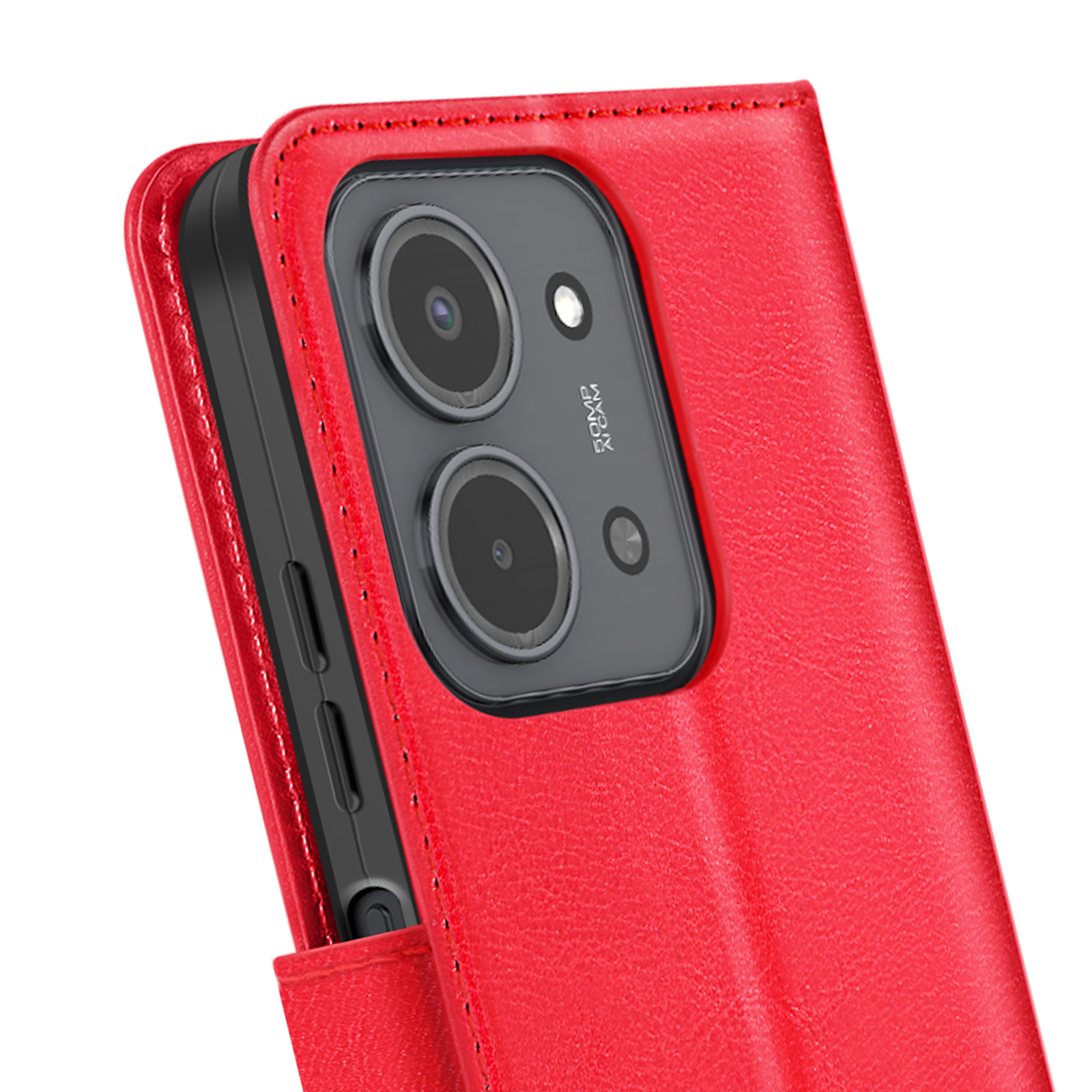 Custodia rossa per telefono con telefono e fotocamera neri. La custodia è aperta, mostrando la fotocamera e lo schermo del telefono.