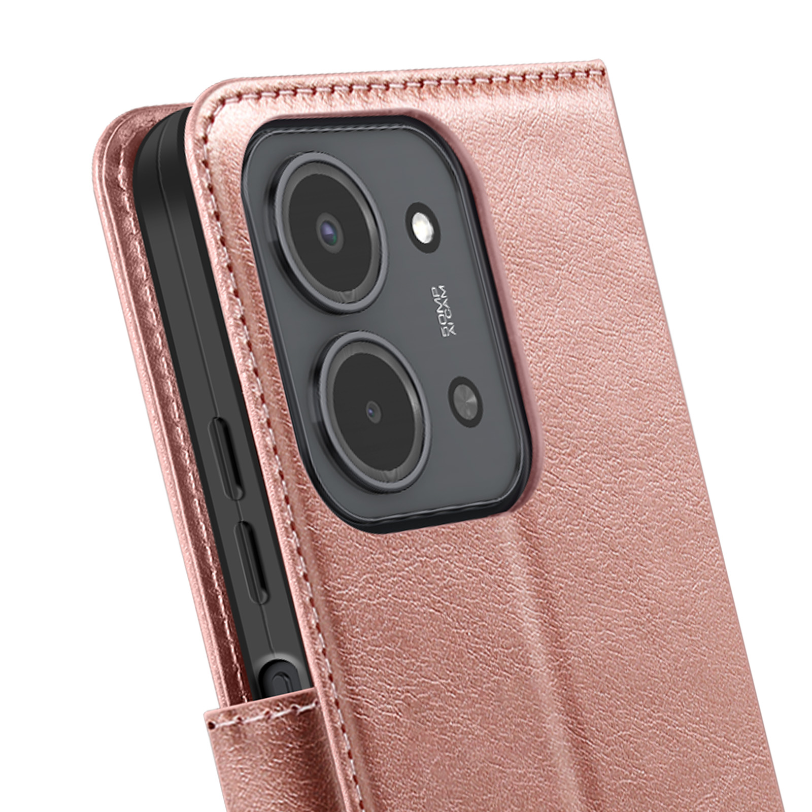 Custodia per telefono oro rosa, aperta, che mostra la fotocamera del telefono e l'interno. Materiale strutturato simile alla pelle, bordi cuciti e telefono nero.