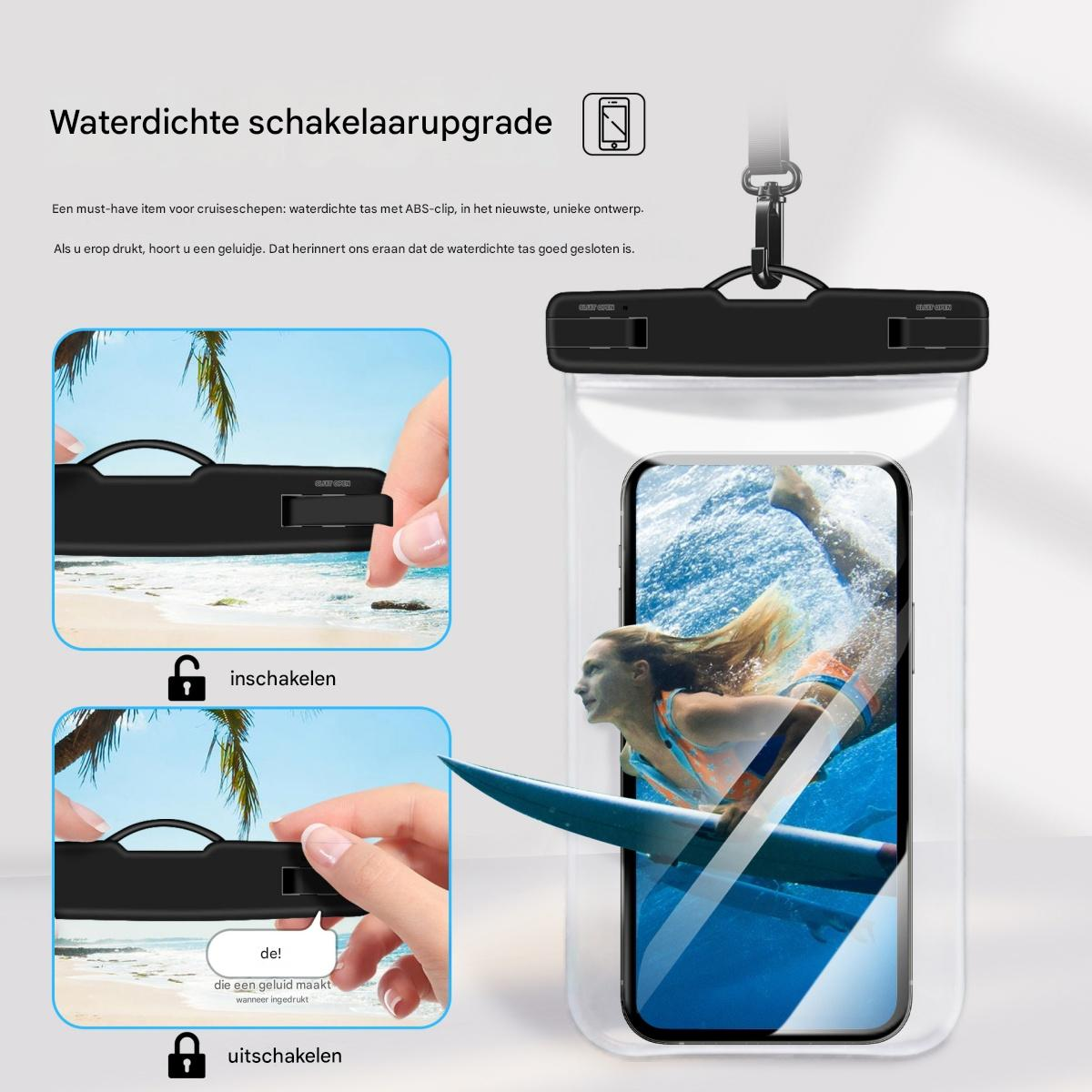 Eine wasserdichte Handytasche mit einer schwimmenden Frau mit Surfbrett darin. Die Tasche hat einen schwarzen Clip und ein Lanyard.