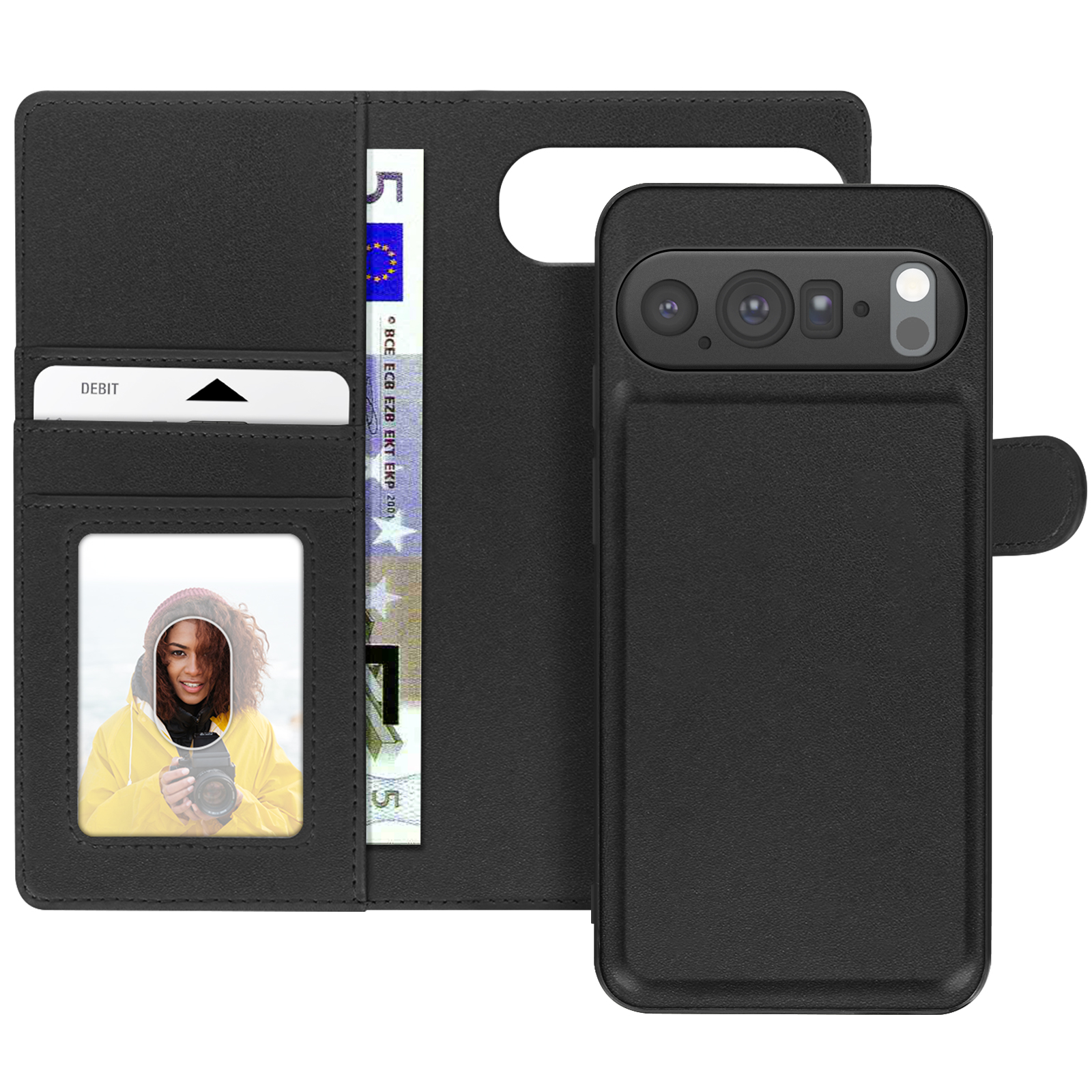 Coque de téléphone noire avec un téléphone. Il a un portefeuille avec une photo, une carte de débit et un billet de cinq euros.