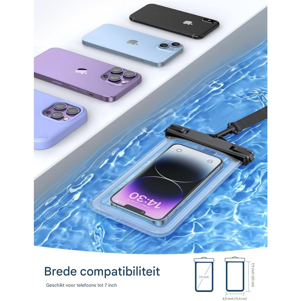Telefone in Hüllen und ein Telefon in einer wasserdichten Hülle im Wasser. Spezifikationen werden angezeigt. Die Zeit auf dem Telefon lautet 14:30.