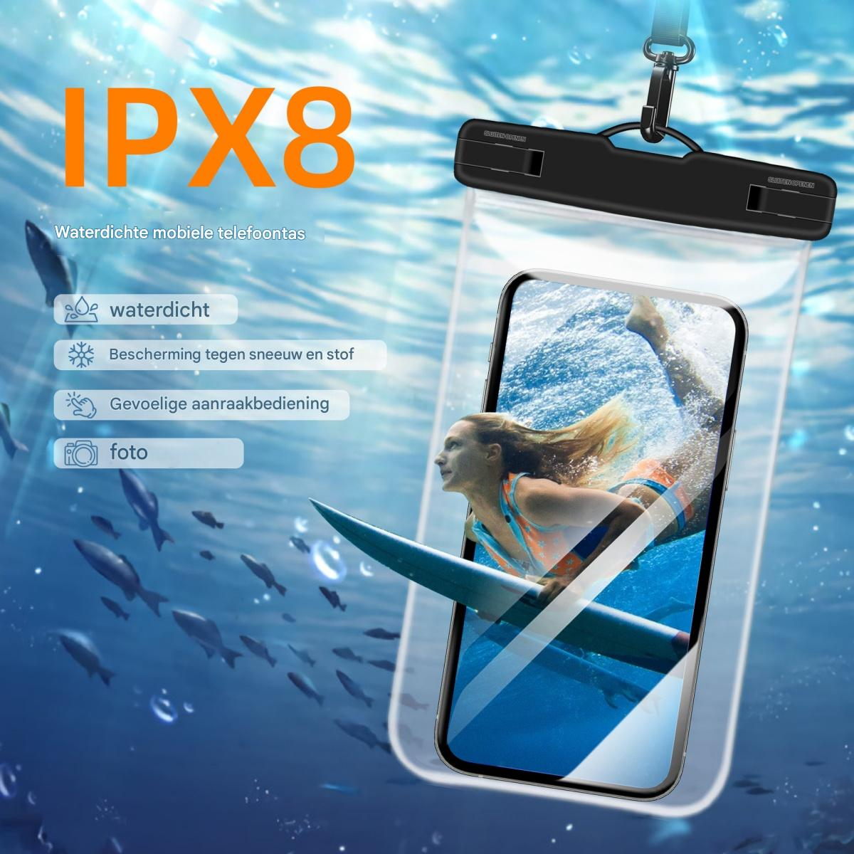 Eine wasserdichte Handyhülle mit einem Telefon, das eine Frau beim Unterwassersurfen mit Fischen zeigt. Text: IPX8, wasserdicht, foto.