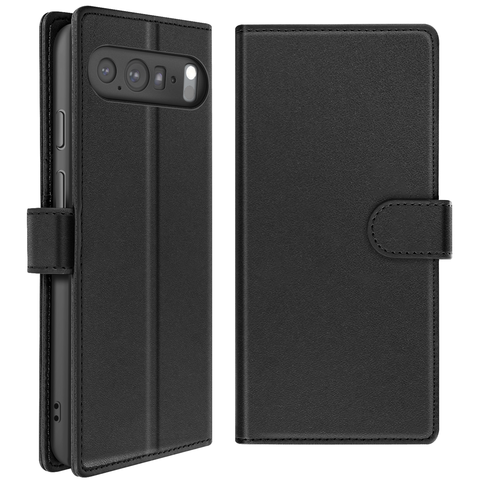 Étui de téléphone noir. Le côté gauche est ouvert, montrant le téléphone. Le côté droit est fermé avec un fermoir.