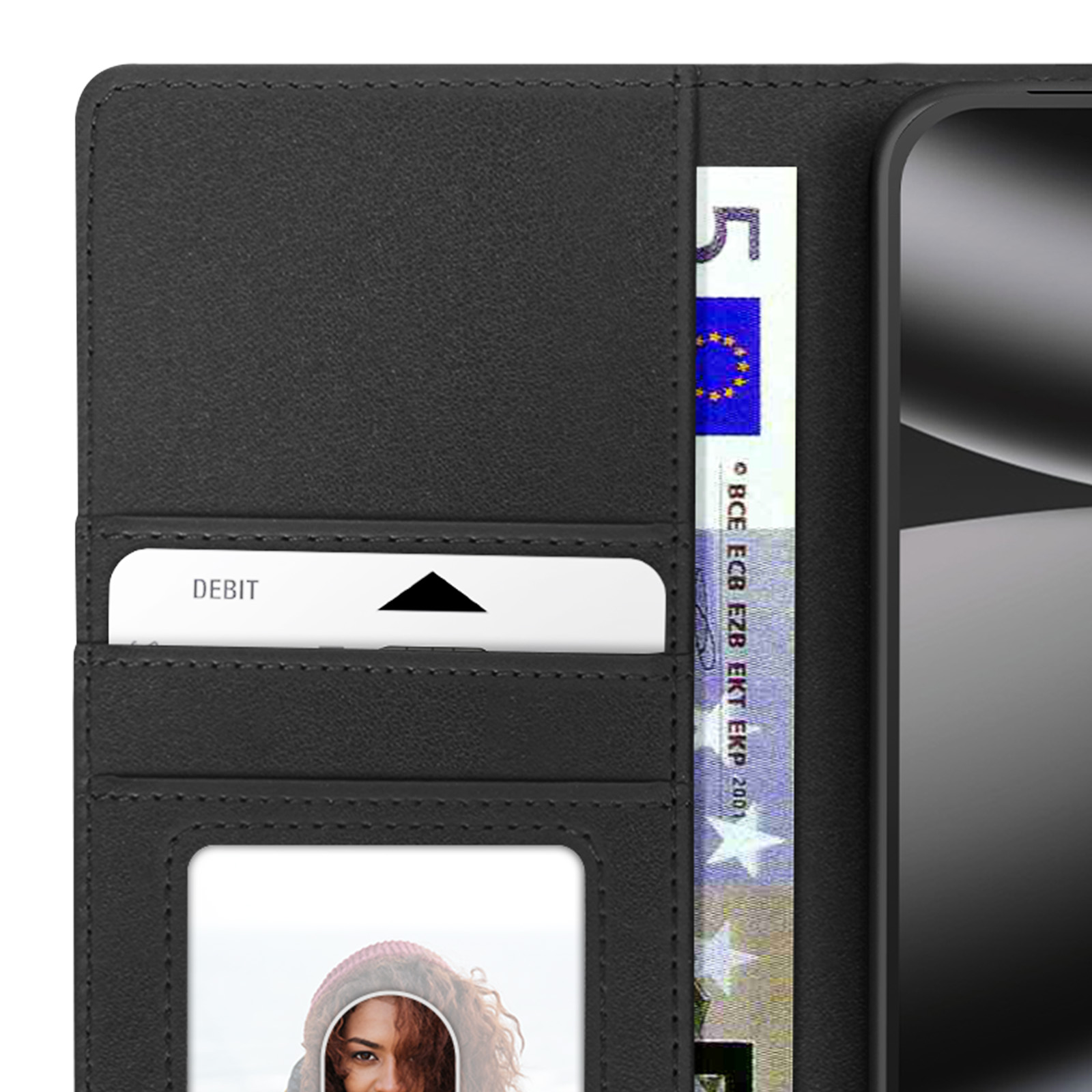Un portefeuille noir avec une carte, une photo, un billet de cinq euros et un téléphone.