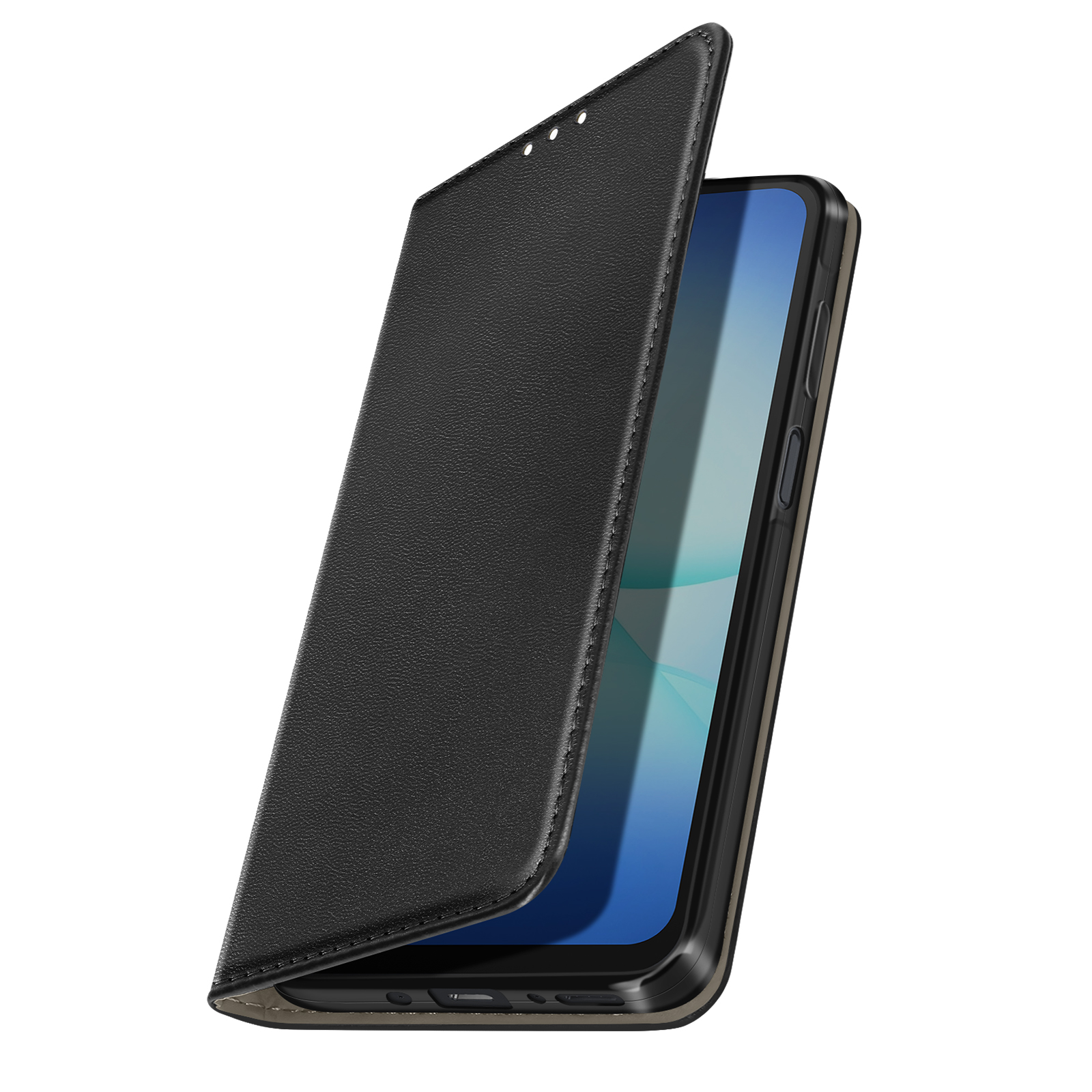 Un étui de téléphone noir avec un couvercle ouvert pour révéler l'écran du téléphone. Le fond est blanc.