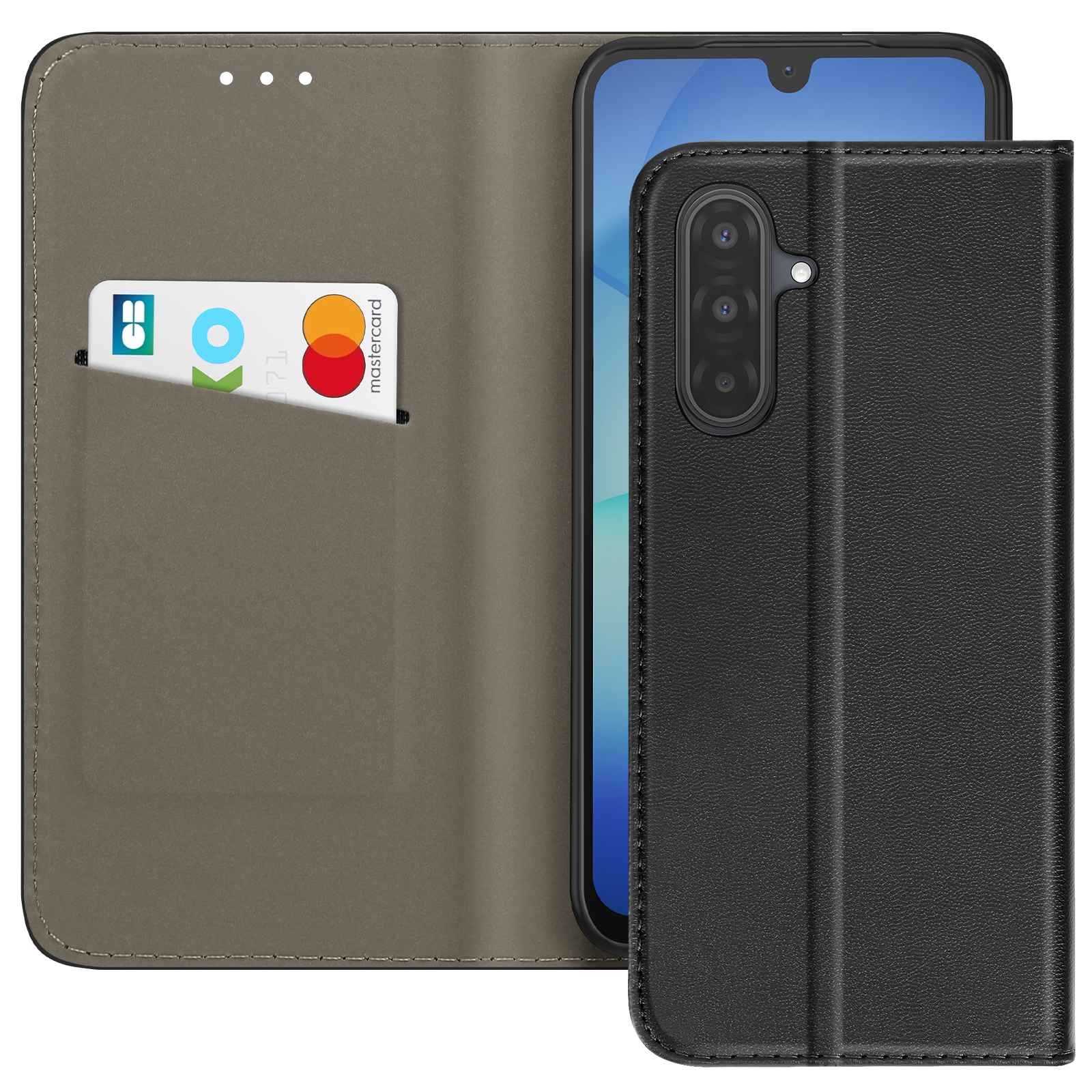 Étui de téléphone noir avec un téléphone à l'intérieur. Une carte de crédit est dans l'étui. L'étui est ouvert.