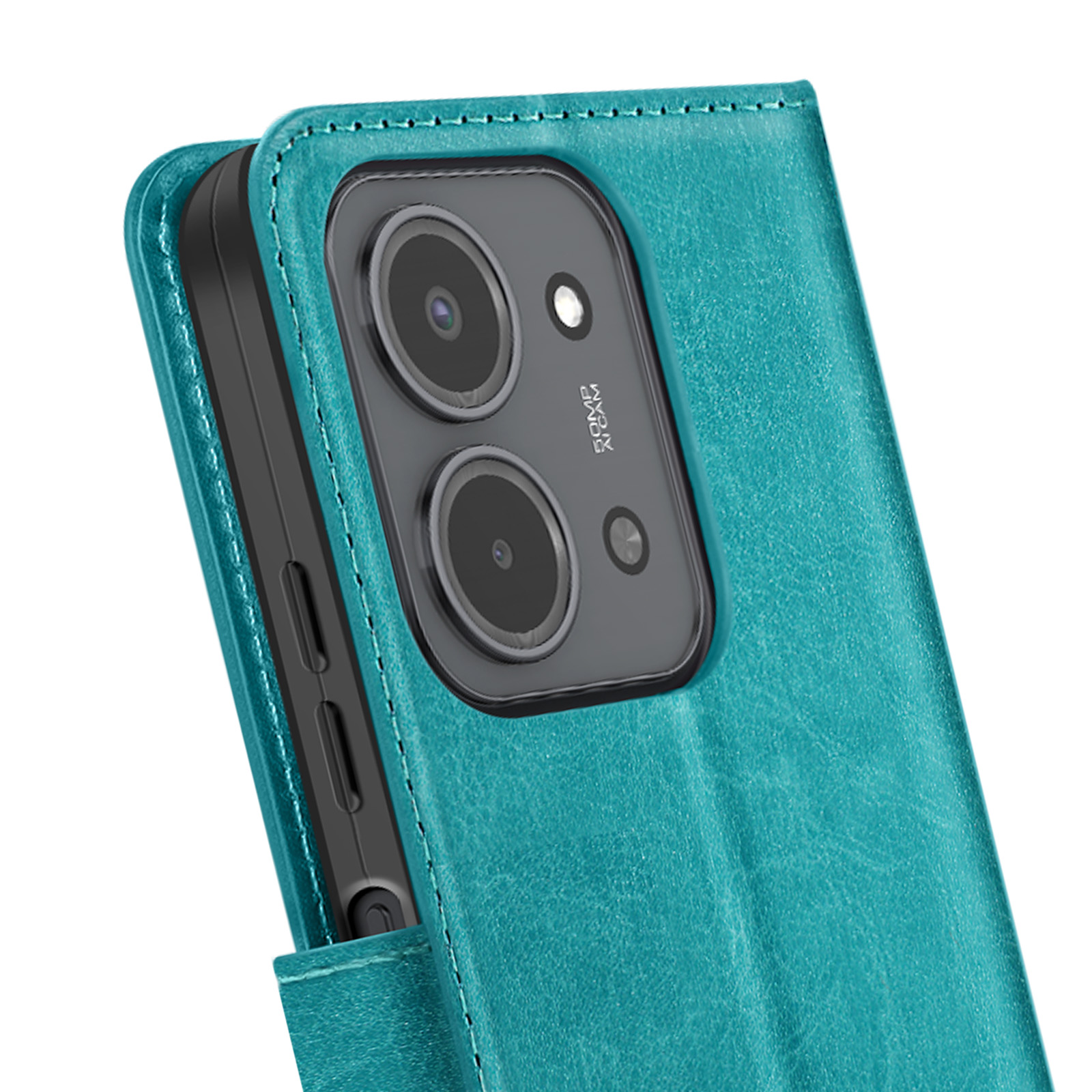 Una custodia per telefono verde acqua con un telefono all'interno. Il telefono ha due fotocamere. La custodia è in pelle.
