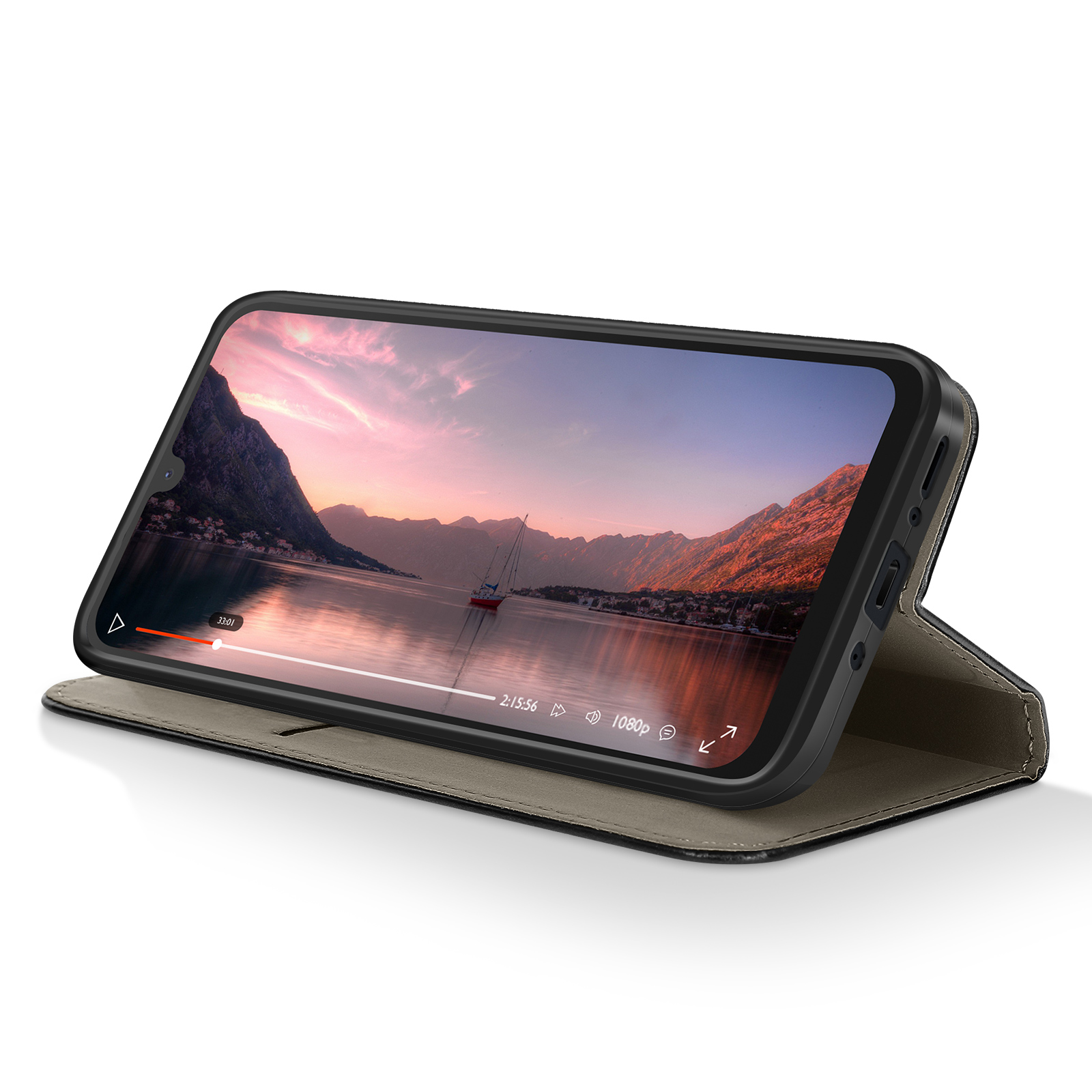 Téléphone affichant une vidéo d'un lac avec des montagnes, dans un étui noir. Commandes de lecture visibles.