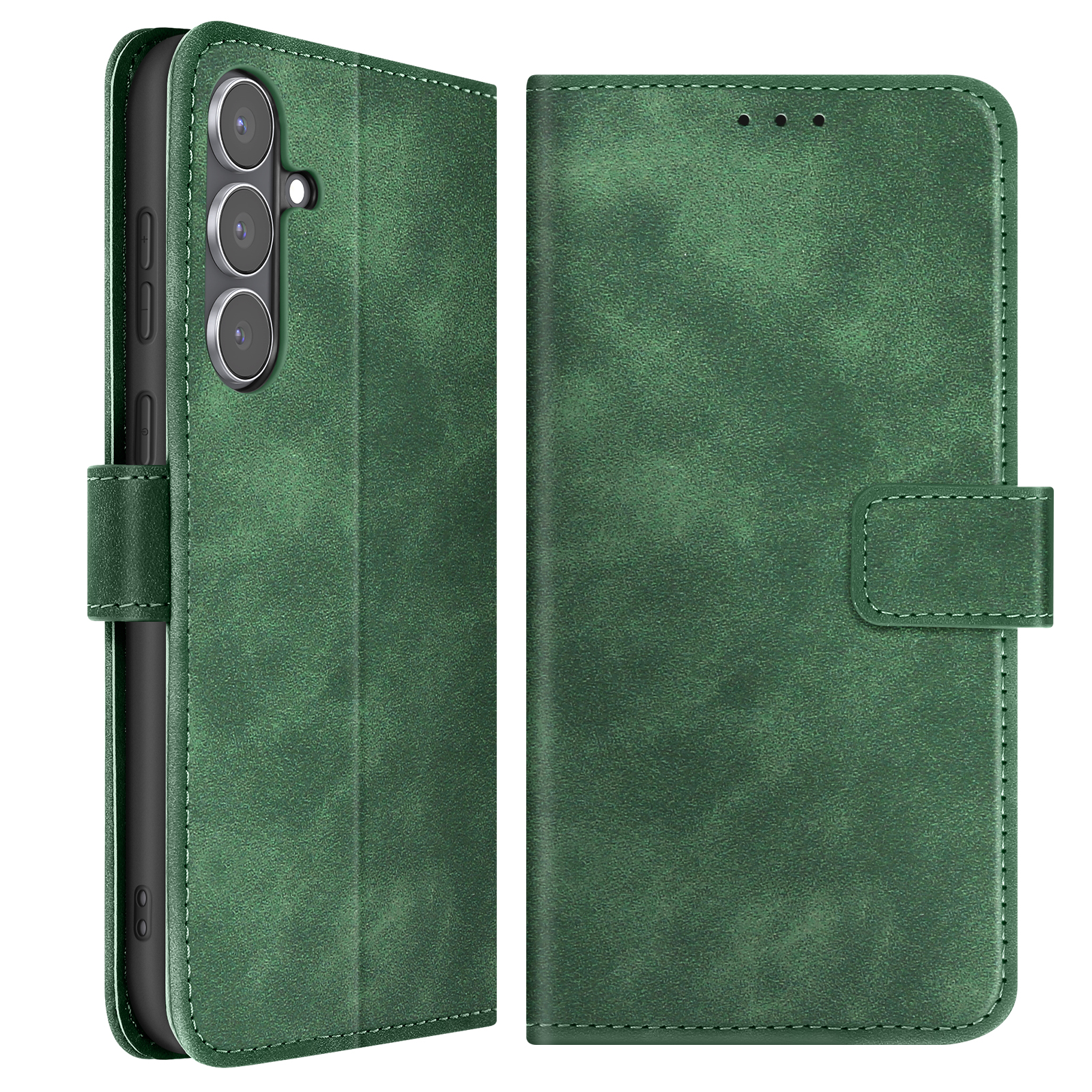 Custodia per telefono in pelle verde aperta, che mostra il telefono e la cover. Ha una chiusura e ritagli.