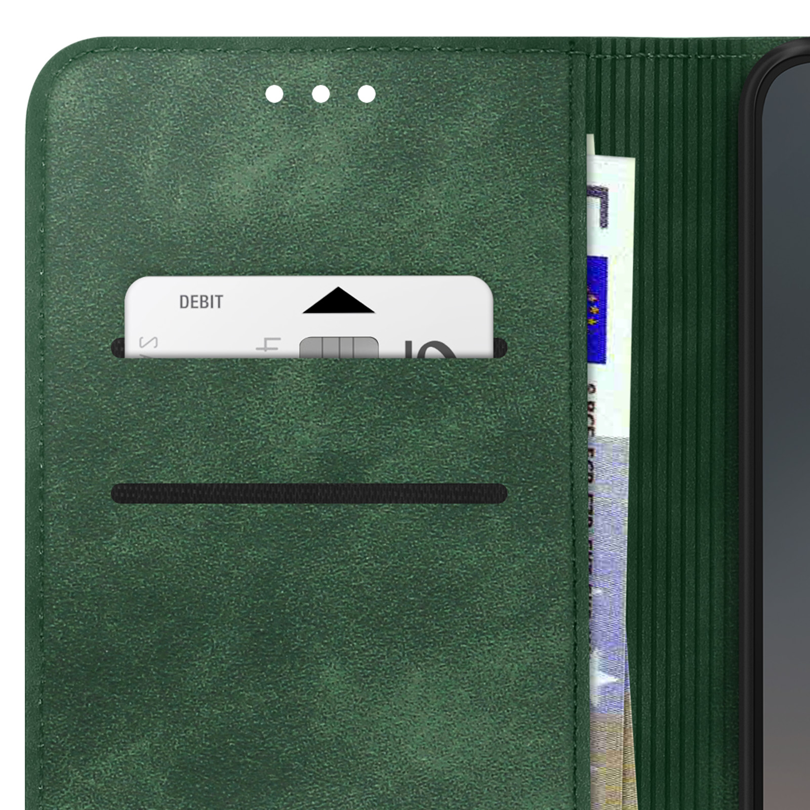 Custodia per telefono in pelle verde con carta di debito, banconota e telefono. La custodia è strutturata.