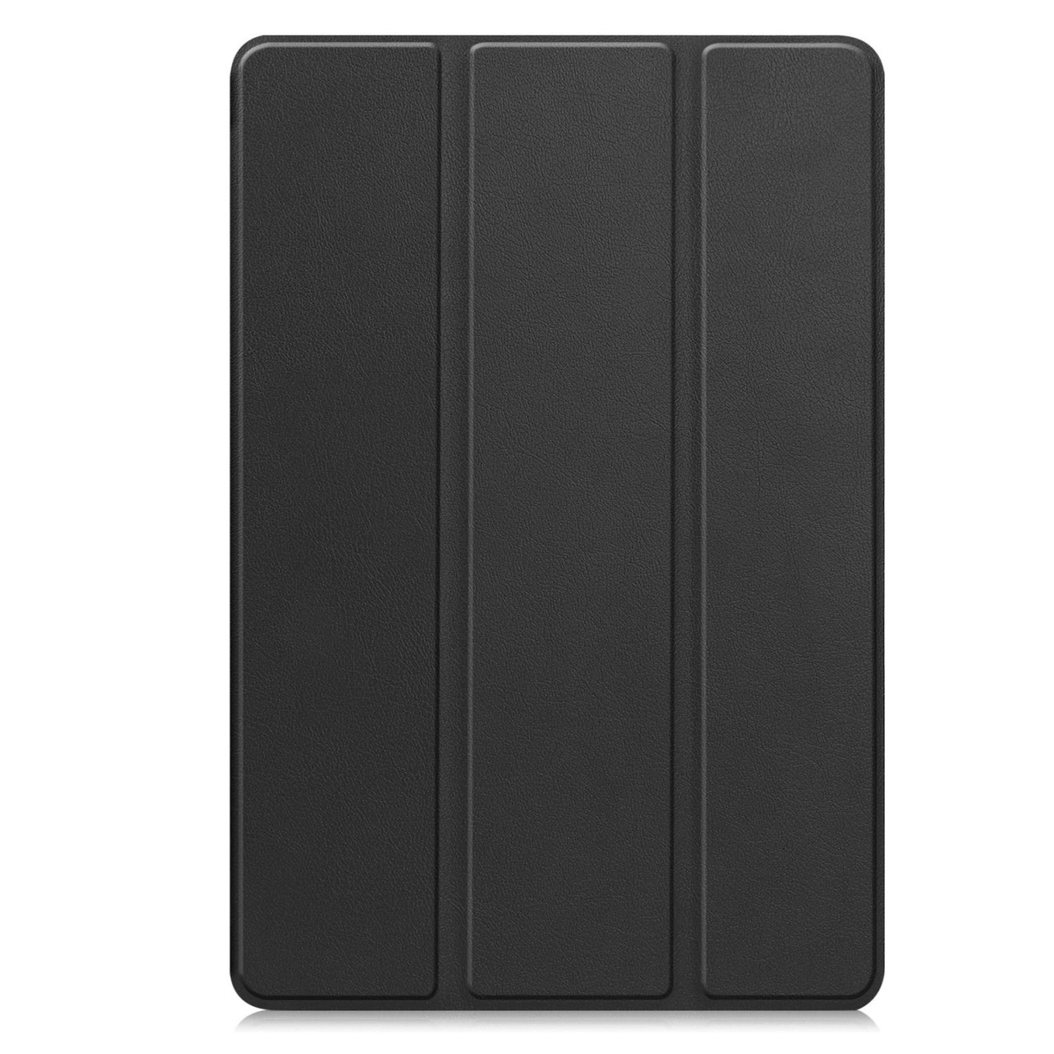 Eine geschlossene, schwarze Tablethülle mit drei Paneelen. Die Hülle hat eine strukturierte Oberfläche und ist rechteckig.