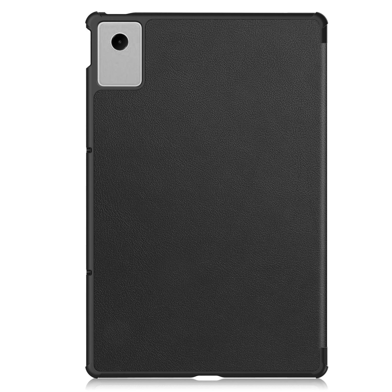 Eine schwarze Tablethülle mit strukturierter Oberfläche, Kameraaussparung und schwarzem Rahmen.