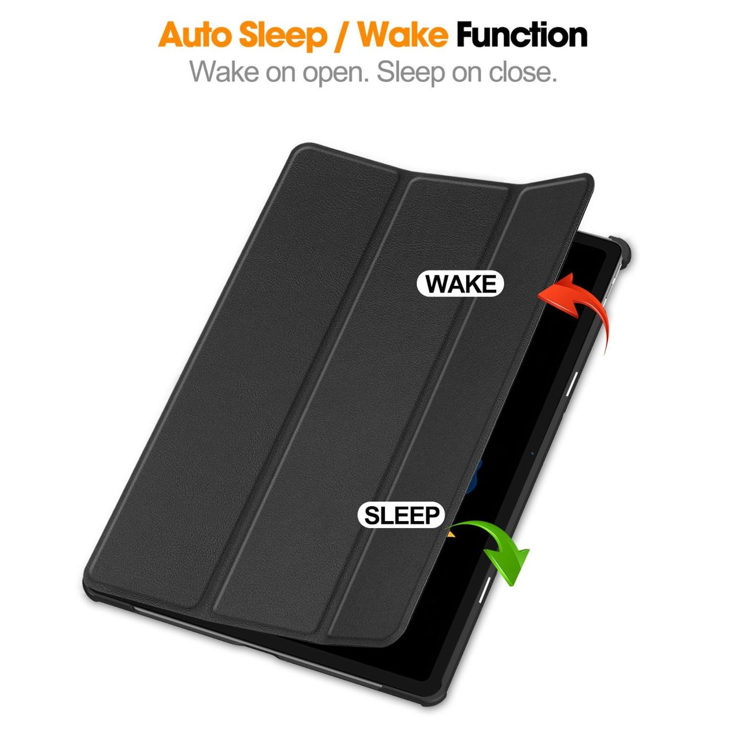 Schwarze Tablethülle mit geöffneten und geschlossenen Positionen, Pfeile zeigen 'Wake' und 'Sleep'.