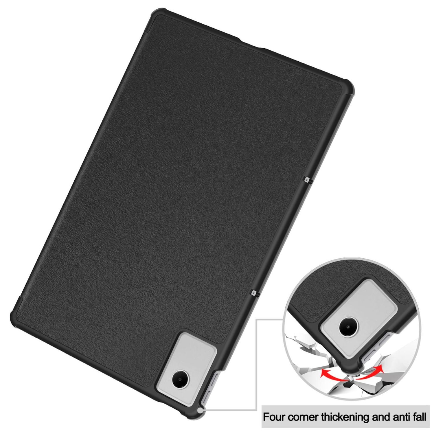 Schwarze Tablet-Hülle mit vier Eckverdickungen und Anti-Fall-Funktion. Eine Grafik zeigt die Stoßabsorption beim Herunterfallen.