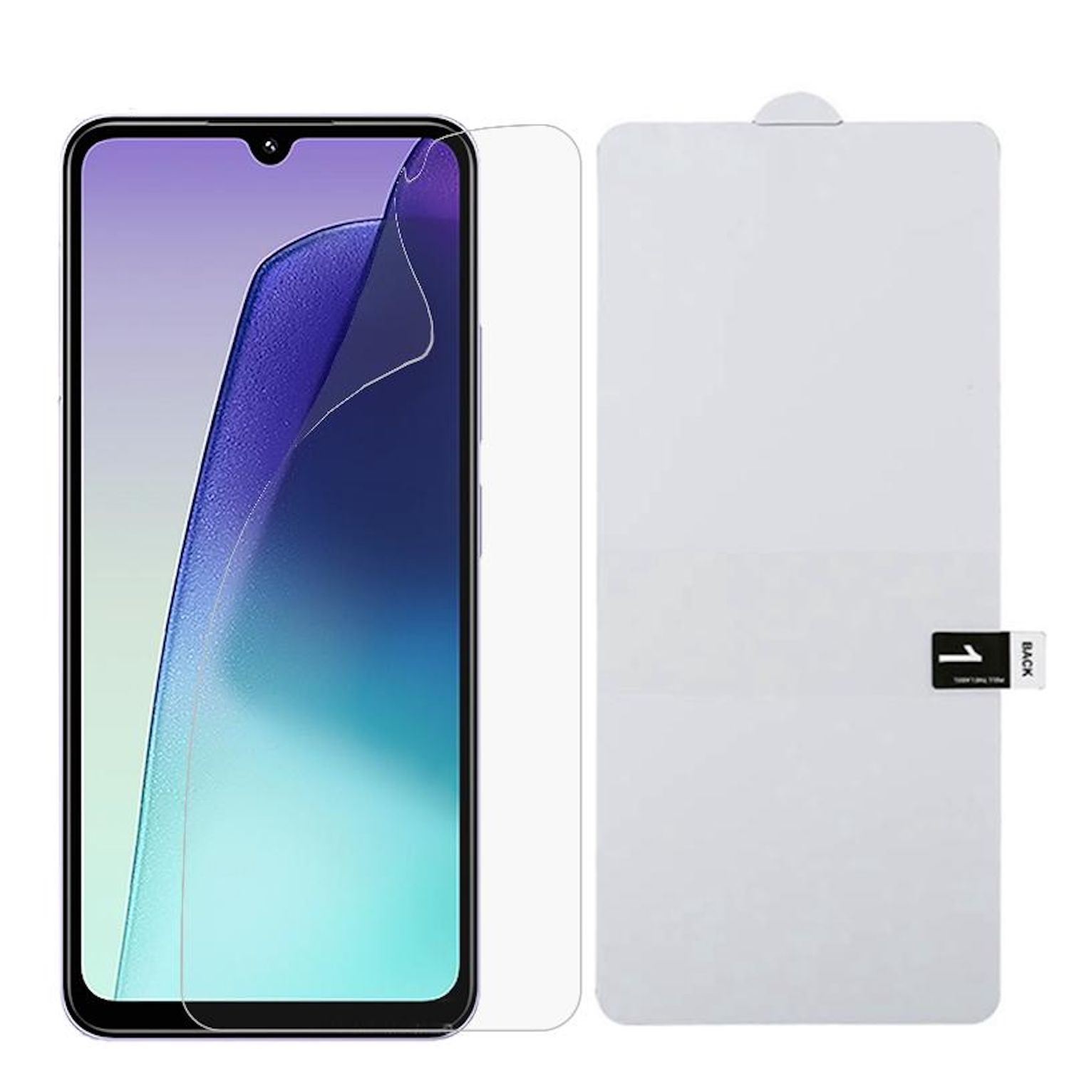 Uno smartphone con protezione schermo applicata e una pellicola protettiva separata. La pellicola ha una linguetta e istruzioni.