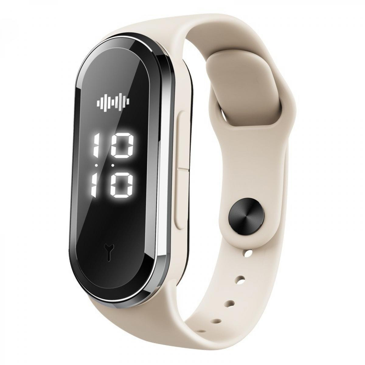 Eine beige Smartwatch zeigt die Uhrzeit und eine Schallwelle an. Sie hat einen schwarzen Bildschirm und ein passendes Armband.