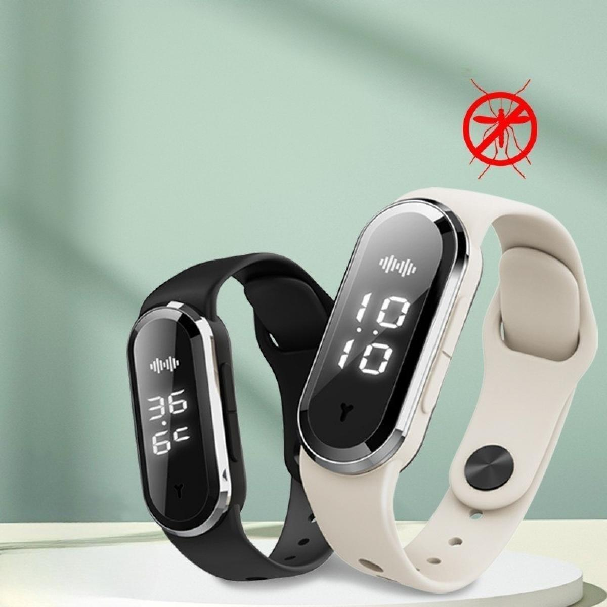 Zwei Smartwatches, eine schwarze und eine weiße, mit Zahlenanzeige. Im Hintergrund ein rotes Mücken-Symbol.