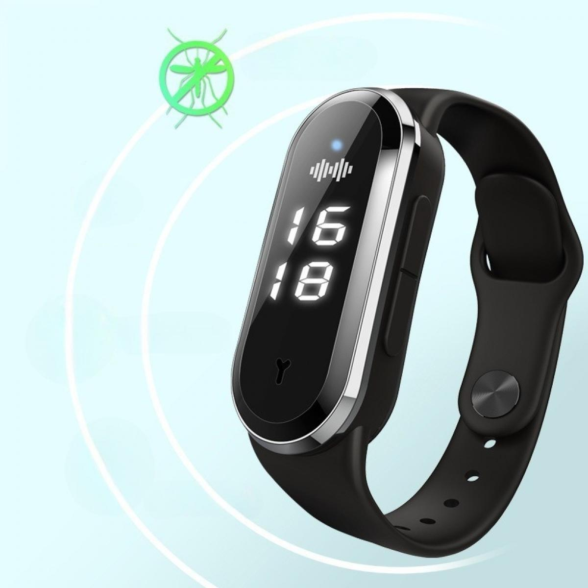 Ein schwarzes Smart-Armband mit Digitalanzeige, die '16' und '18' anzeigt. Im Hintergrund ein grünes Mücken-Symbol.