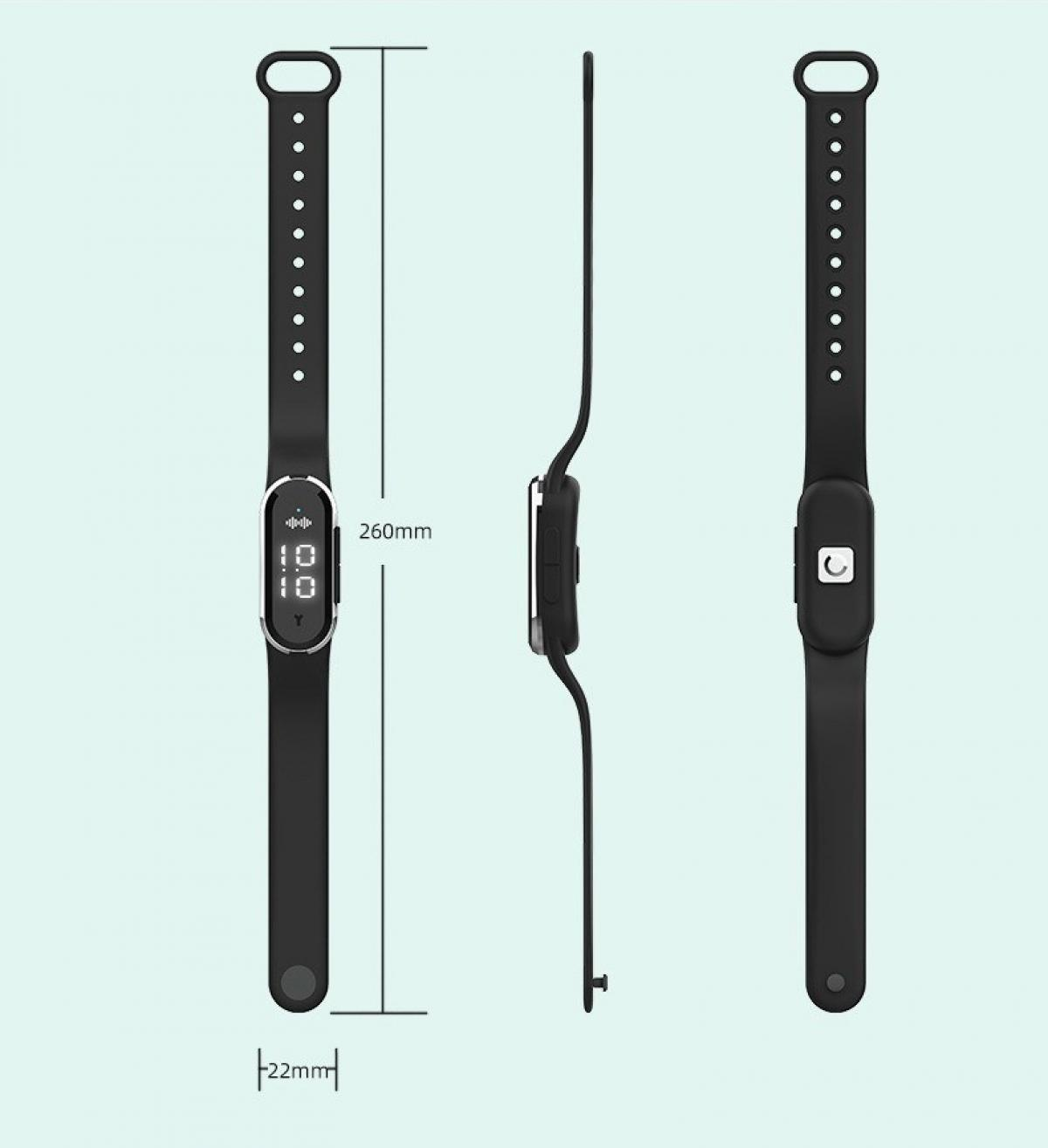 Drei Ansichten eines schwarzen Fitness-Trackers. Die Hauptansicht zeigt den Bildschirm mit Zahlen. Abmessungen sind mit 260 mm und 22 mm angegeben.