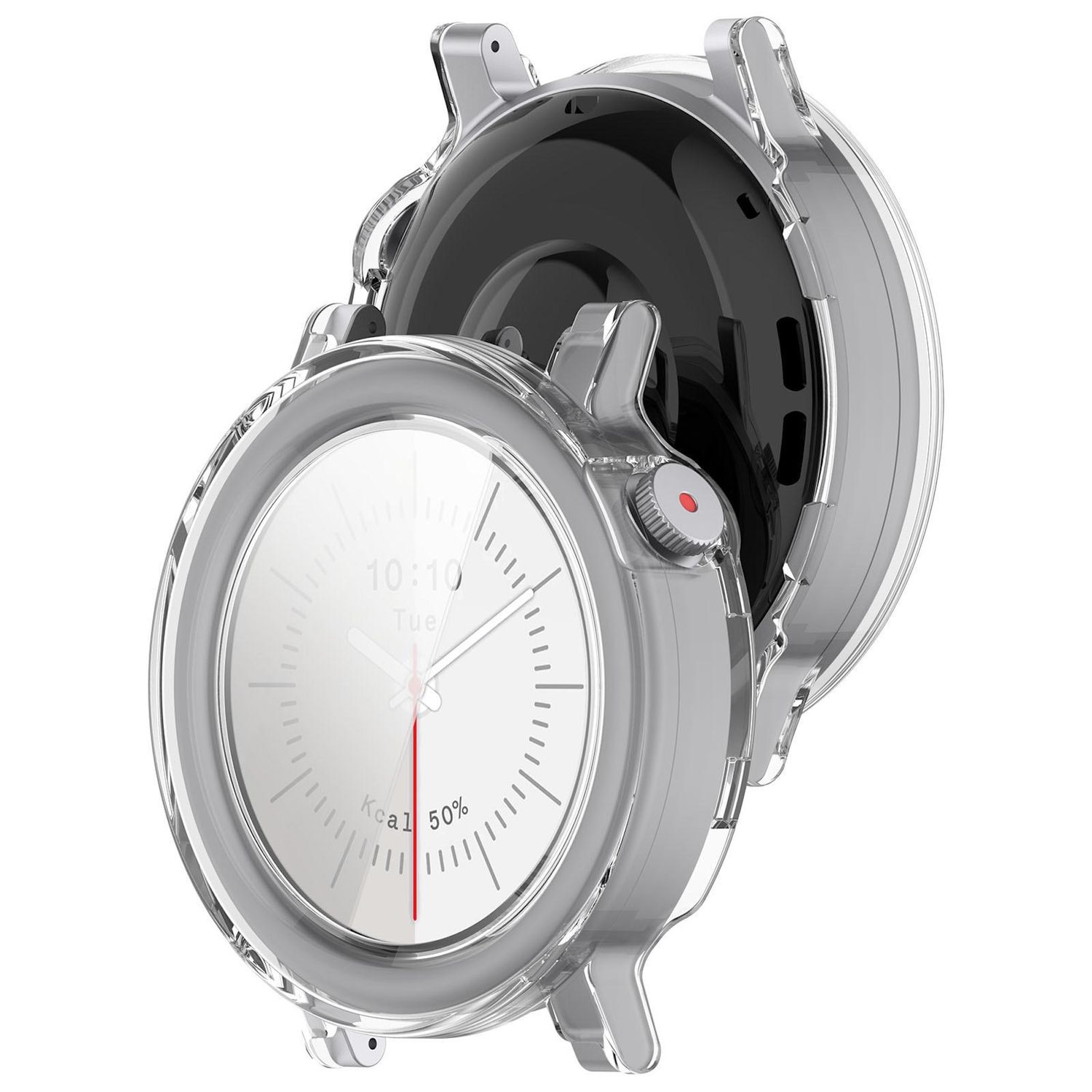 Uno smartwatch con custodia trasparente. Il quadrante mostra l'ora e i parametri di salute. La custodia è parzialmente aperta.