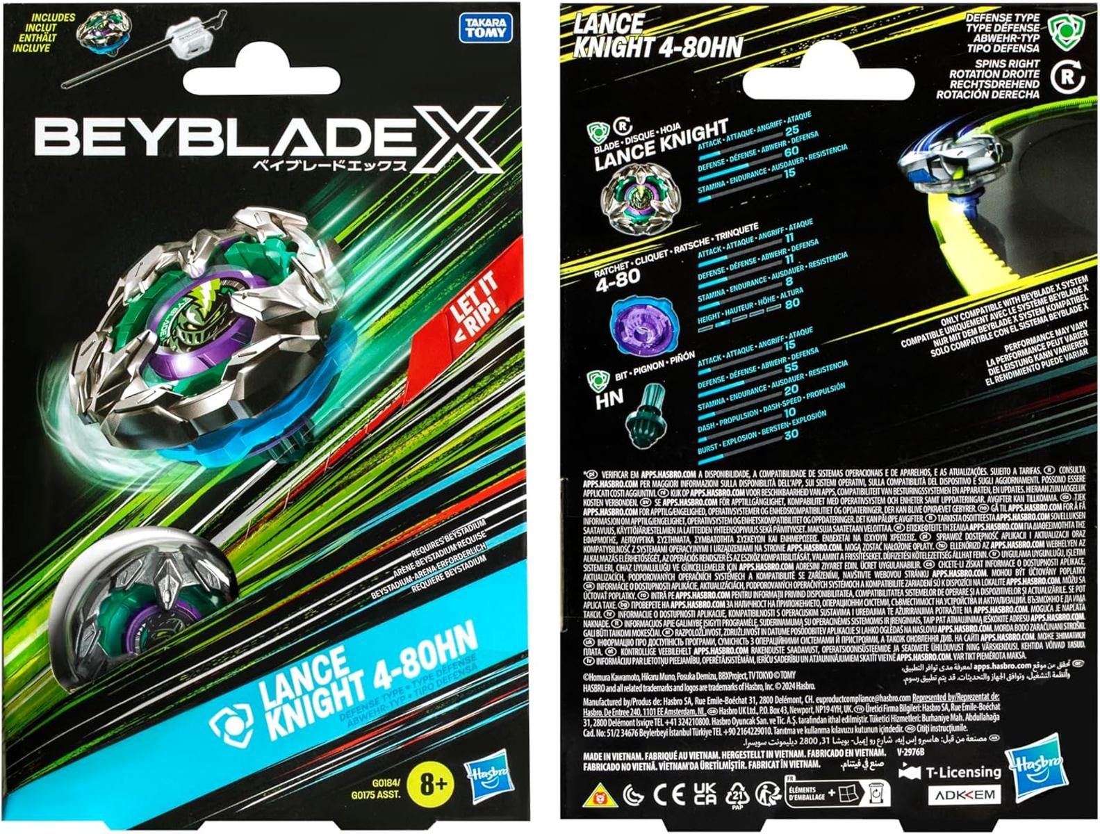 Die Box zeigt ein Beyblade-Spielzeug mit Namen und einem grünen, lila und silbernen Kreisel.