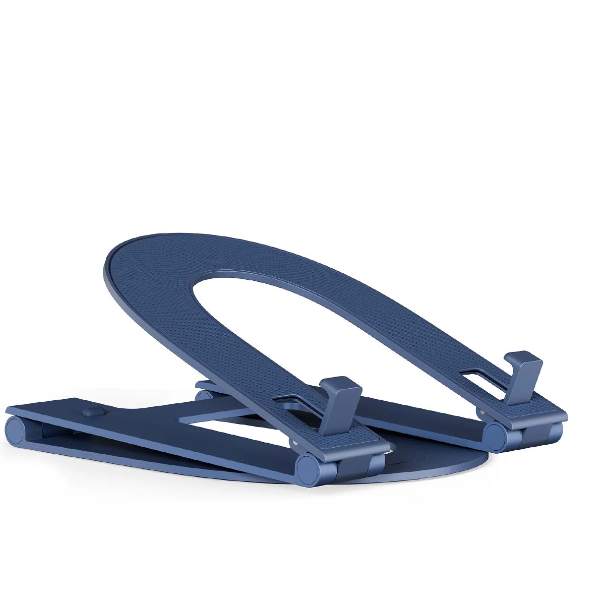 Un support d'ordinateur portable bleu pliable. Il a un dessus courbé et deux bras de support. Le support est sur fond blanc.
