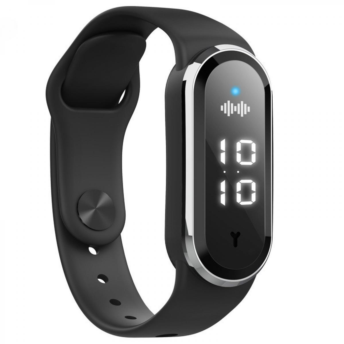 Ein schwarzer Fitnesstracker zeigt 10:10 auf einem Bildschirm an. Er hat einen silbernen Rahmen. Das Band ist eine schwarze Schleife.