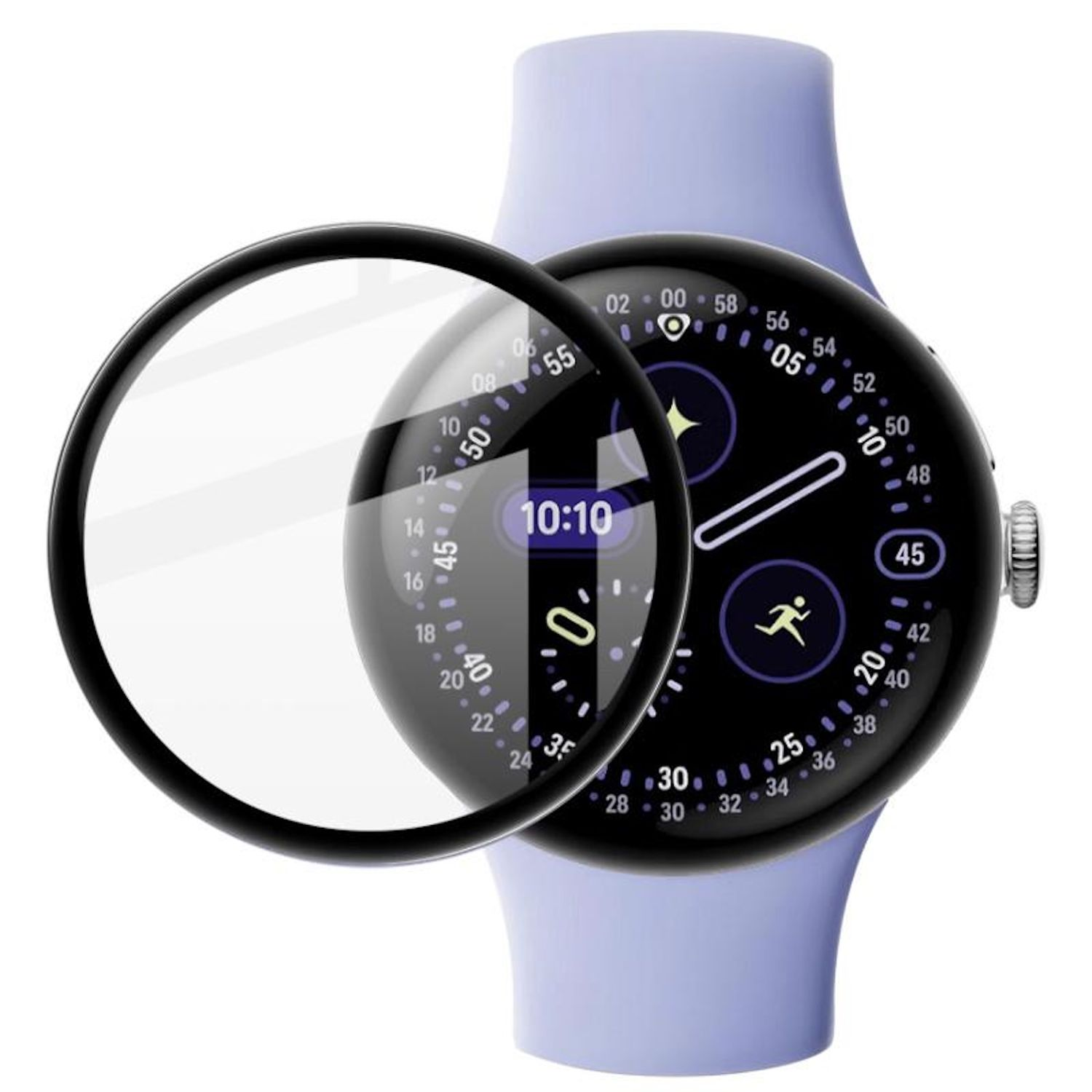 Uno smartwatch con una protezione schermo trasparente. L'orologio ha un cinturino azzurro e mostra l'ora 10:10. Lo schermo mostra icone di tempo e attività.