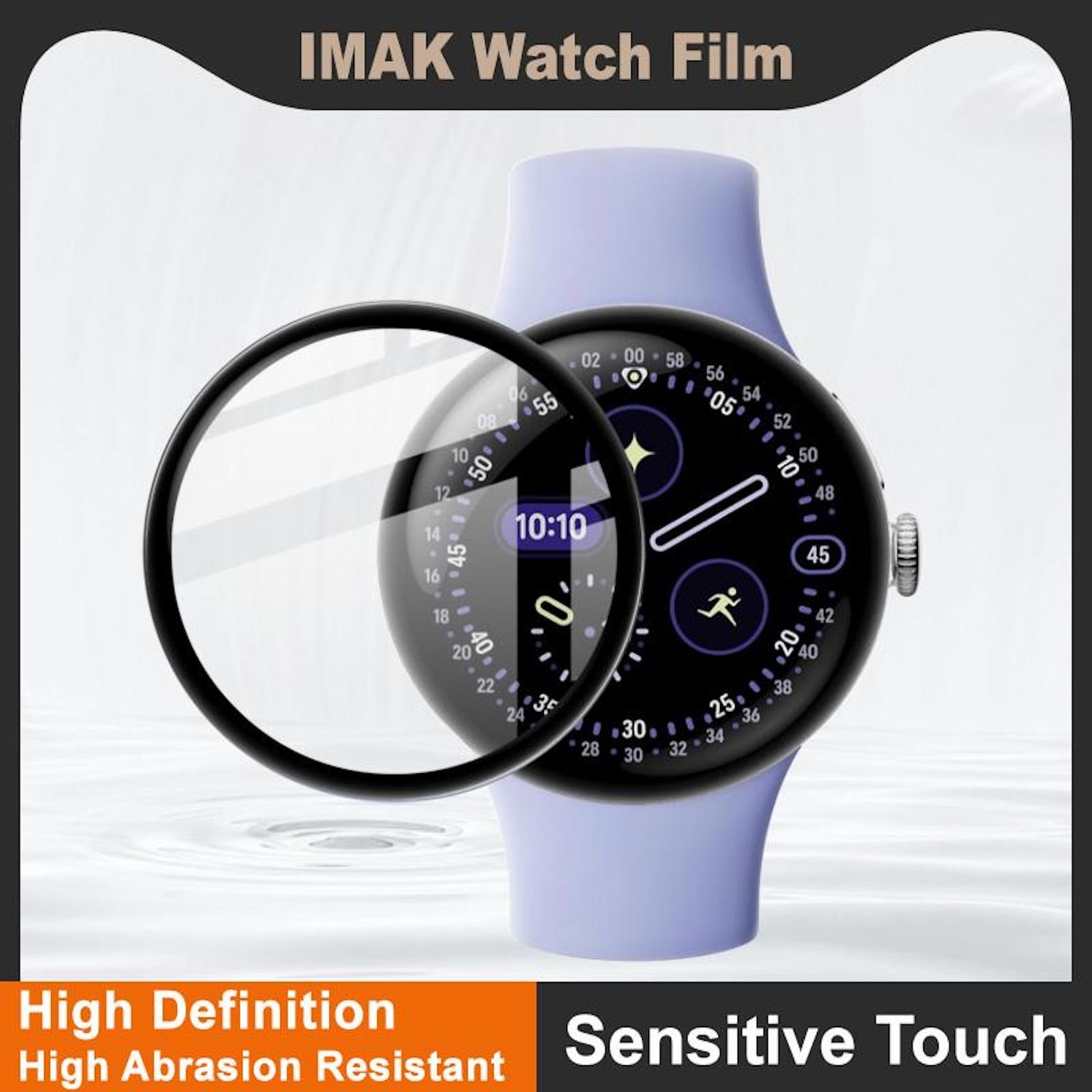 Uno smartwatch con protezione schermo, che mostra le 10:10. L'orologio ha un cinturino viola chiaro e un quadrante nero circolare.
