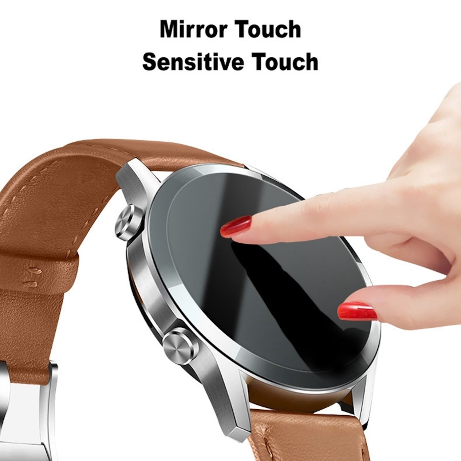Una mano con smalto rosso tocca lo schermo di uno smartwatch argentato con cinturino in pelle marrone.
