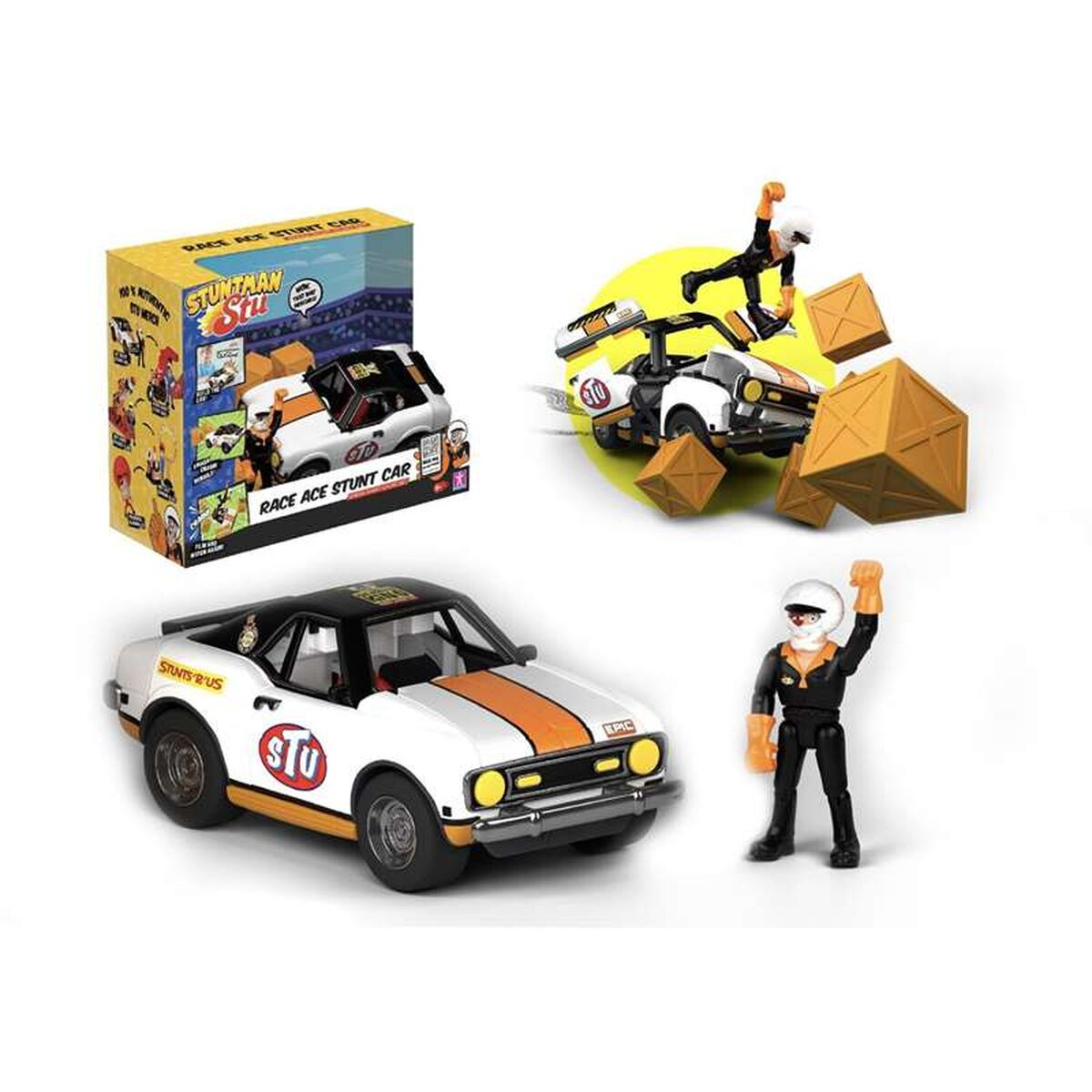 Coche de juguete con techo negro, franja naranja y logo 'STU'. También hay una figura de especialista y cajas, además de la caja del juguete.