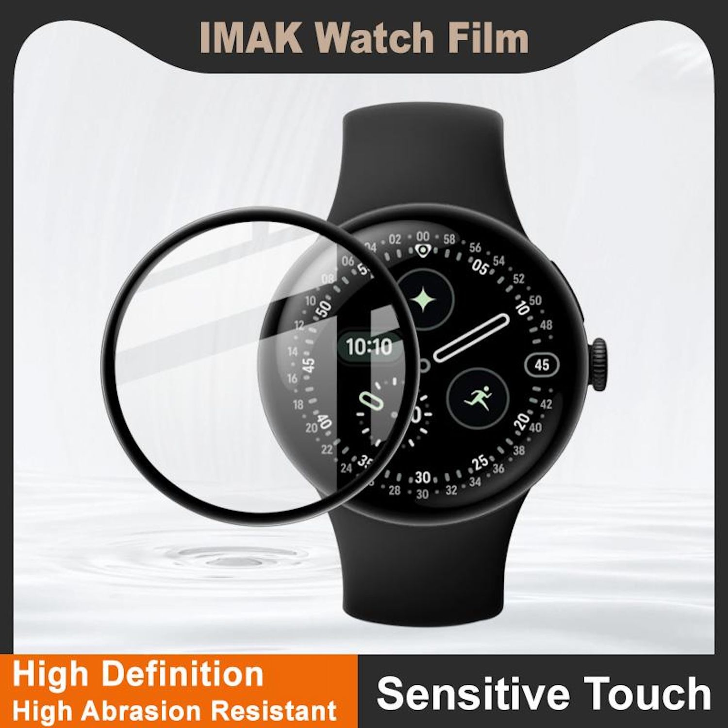 Eine schwarze Smartwatch mit Displayschutz. Die Uhr zeigt die Uhrzeit an. Unten steht "High Definition" und "Sensitive Touch".
