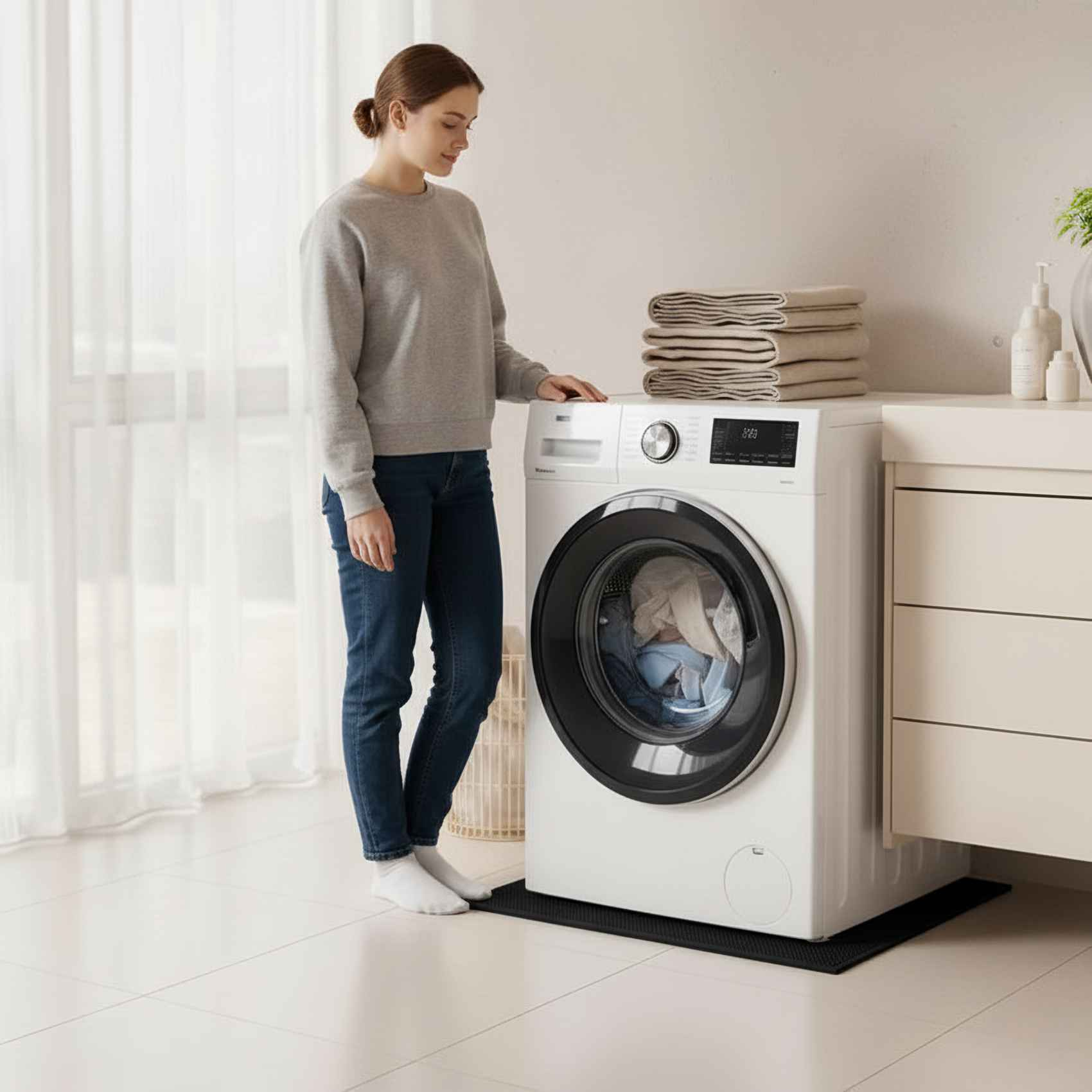 Frau an Waschmaschine. Wäsche drin. Handtuchstapel oben. Weiße Schränke im Hintergrund.