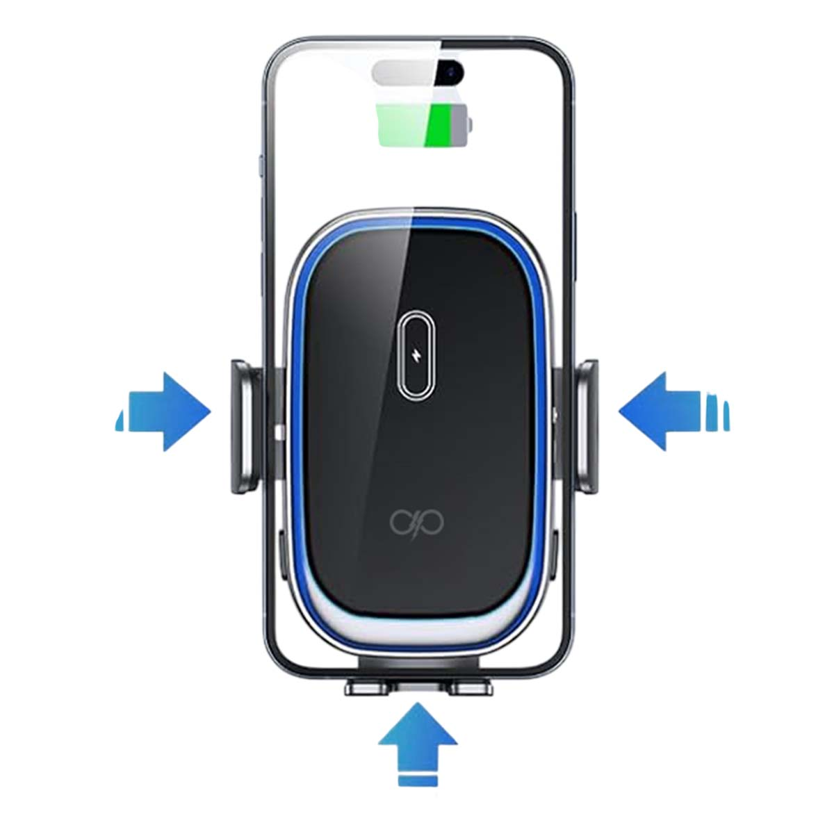 Viene mostrato un telefono in un supporto per auto. Il telefono si sta caricando con un'icona della batteria verde. Le frecce indicano la regolazione del supporto.