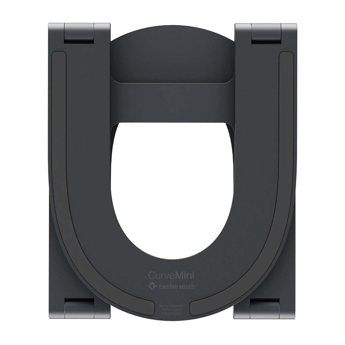 Un support pour ordinateur portable gris foncé en forme de U, avec la marque 'Curve Mini' et 'twelvesouth'.