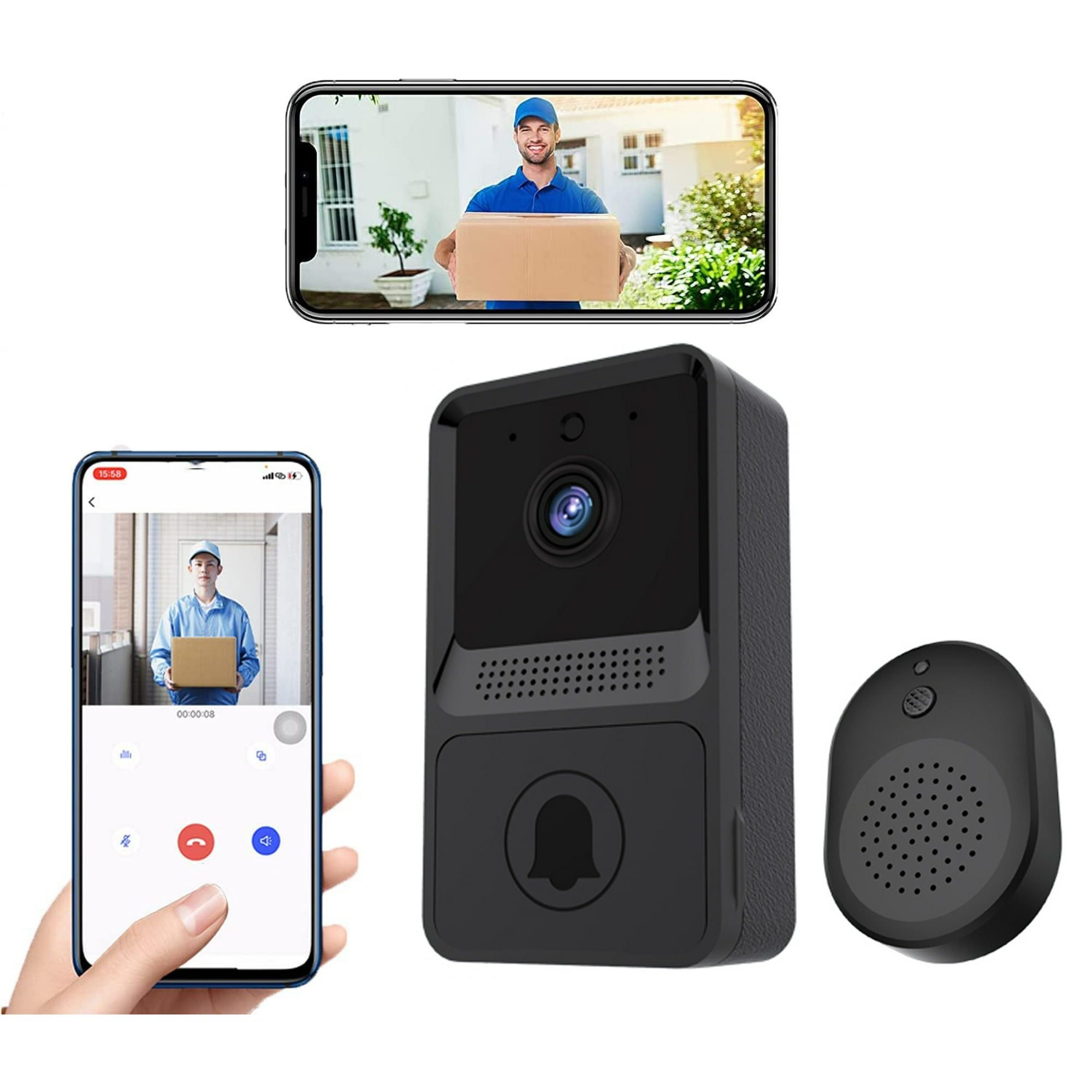 Das Bild zeigt ein Türglockensystem mit einem Telefonbildschirm, auf dem eine liefernde Person eine Box hält.