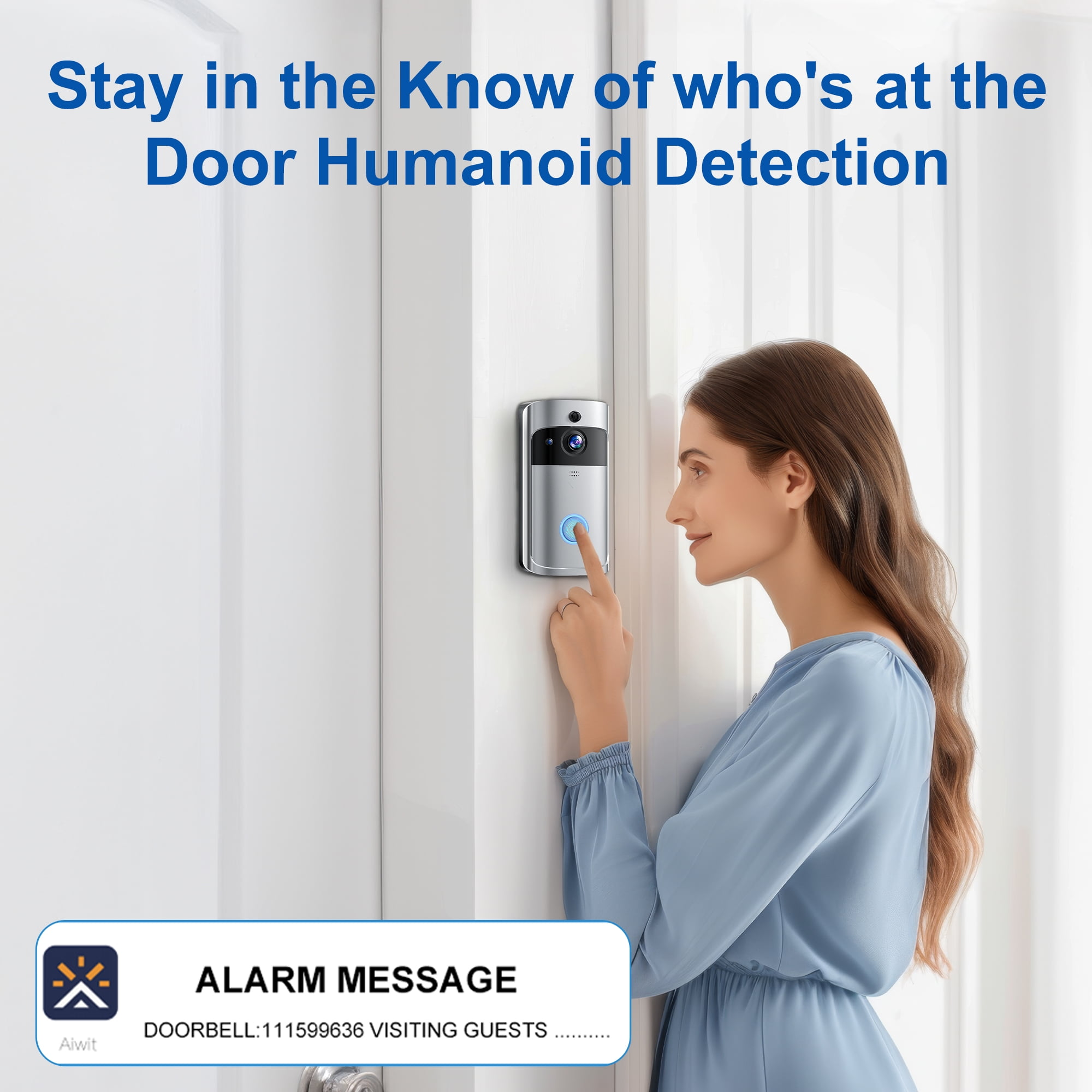 Eine Frau in einem blauen Kleid betätigt eine Türklingel. Text sagt 'Door Humanoid Detection' und 'Alarm Message'.