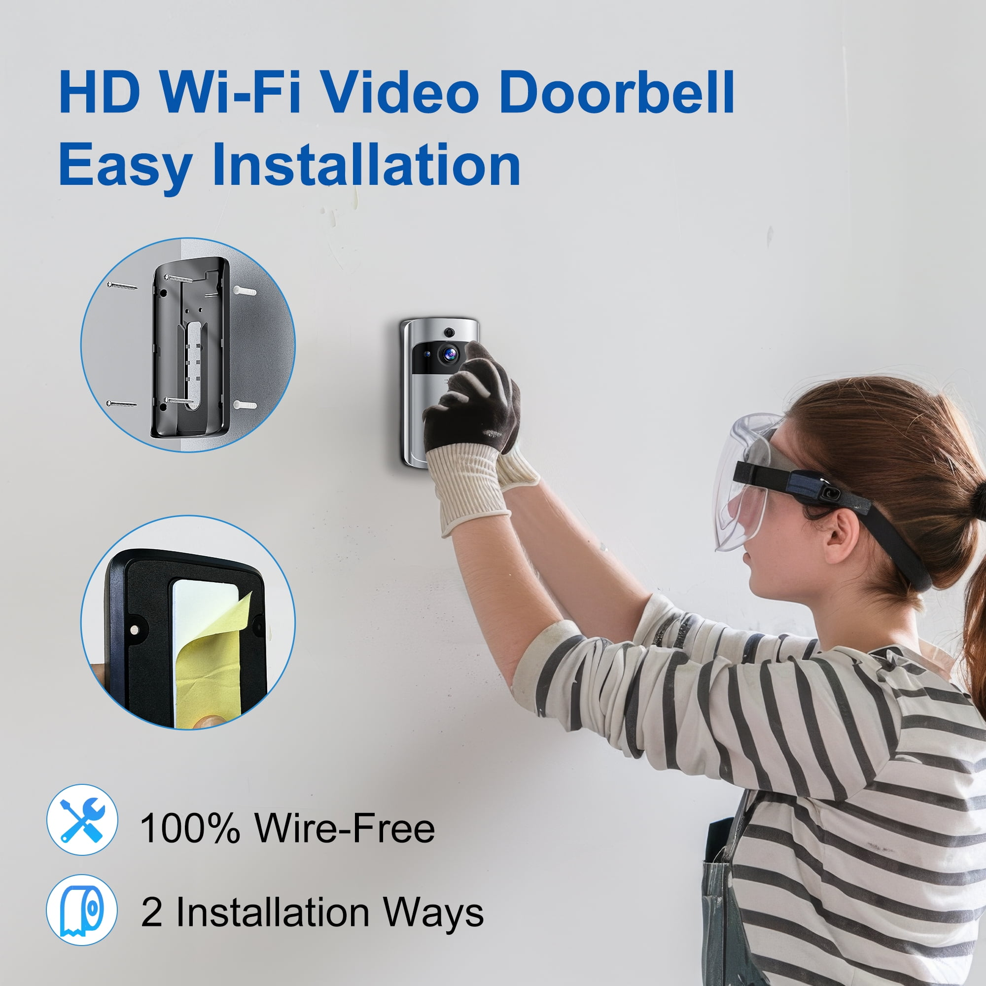 Eine Person installiert eine WLAN-Video-Türklingel. Das Bild zeigt die Türklingel, Installationsteile und die Person mit Schutzbrille.