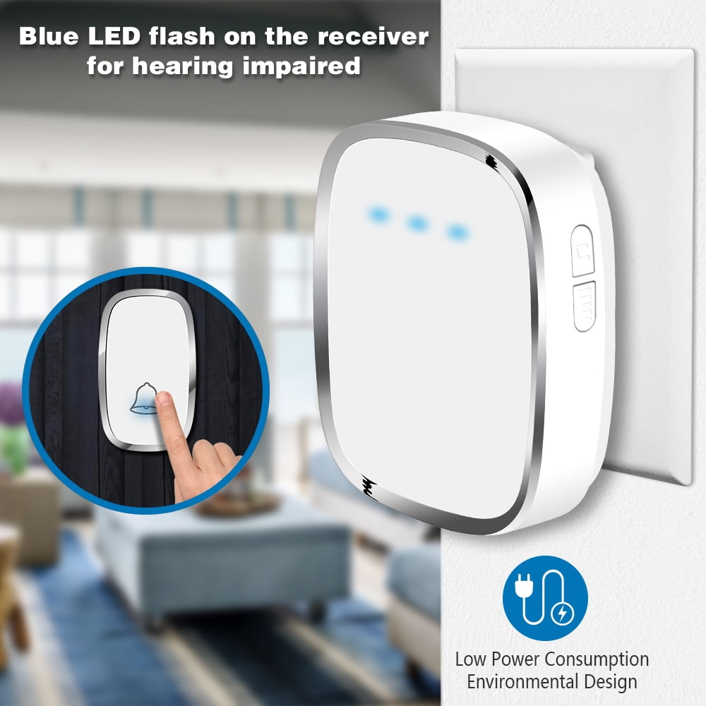 Weißer Türklingel-Empfänger mit blauen LED-Leuchten, in eine Steckdose gesteckt. Ein Türklingelknopf wird in einem Kreis gedrückt.