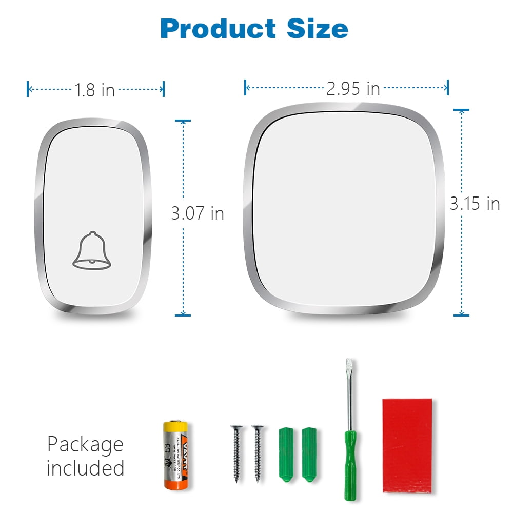 Das Bild zeigt eine Türklingel mit Abmessungen, Batterie, Schrauben, Schraubendreher und rotem Klebepad. Text: Produktgröße und Paket enthalten.