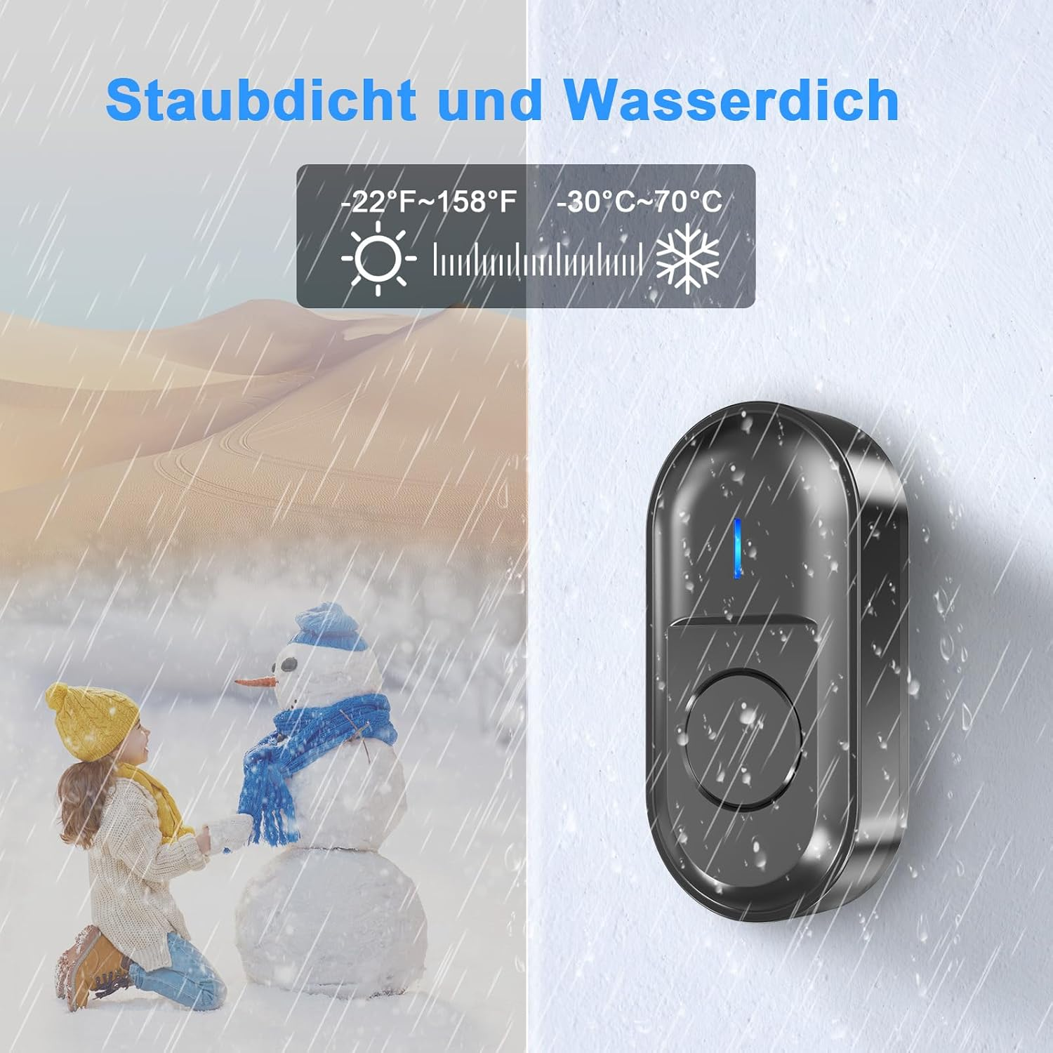 Ein Mädchen und ein Schneemann im Regen. Rechts ein schwarzes Gerät. Text: Staubdicht und Wasserdich. Temperaturanzeigen vorhanden.