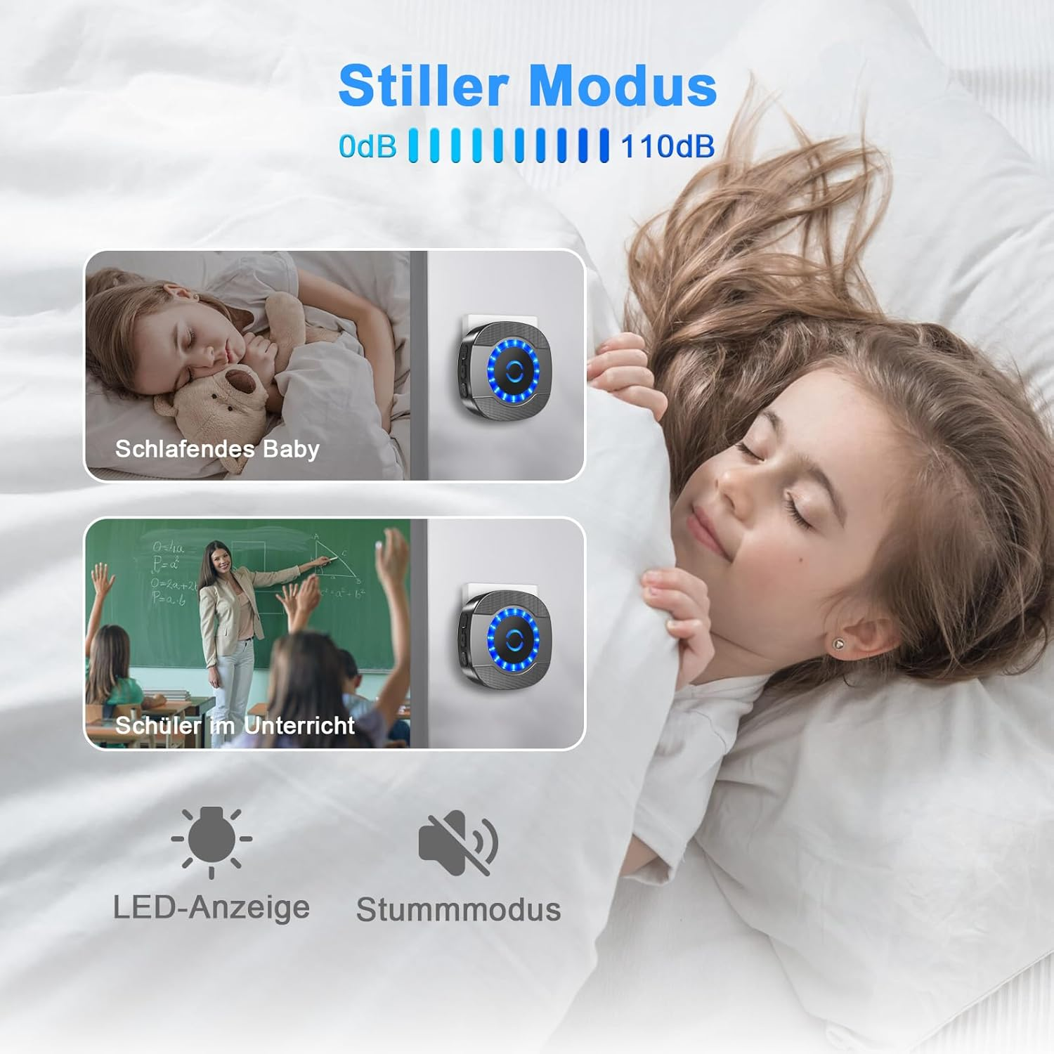Ein Mädchen schläft auf einem Kissen. Das Bild zeigt ein Gerät mit blauem Licht. Das Bild enthält zwei kleinere Bilder eines schlafenden Babys und Schüler im Unterricht.