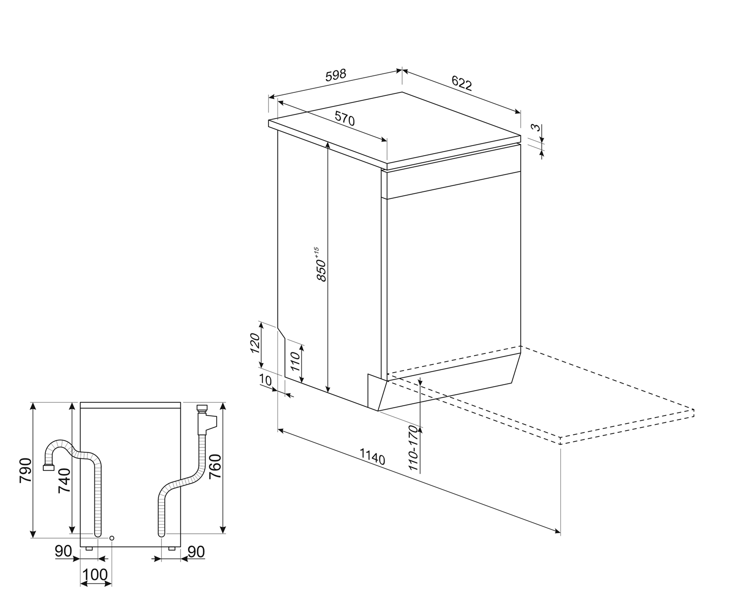 Un dibujo técnico de un electrodoméstico rectangular con dimensiones y partes etiquetadas, incluyendo tuberías y una base.