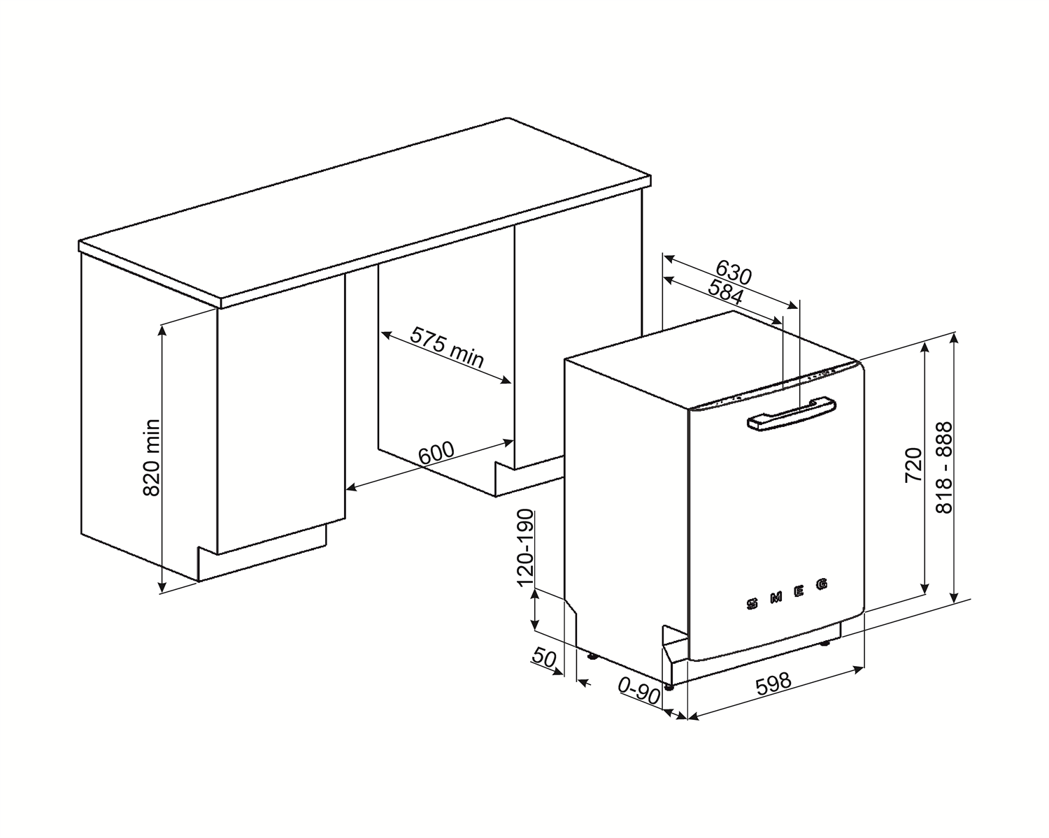 Diagrama de un lavavajillas junto a un armario. Las dimensiones están etiquetadas en milímetros. La palabra SMEG está en el lavavajillas.