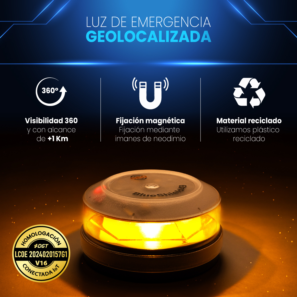 Una luz de emergencia con visibilidad de 360°, fijación magnética y fabricada con plástico reciclado. Tiene luz amarilla y base negra.