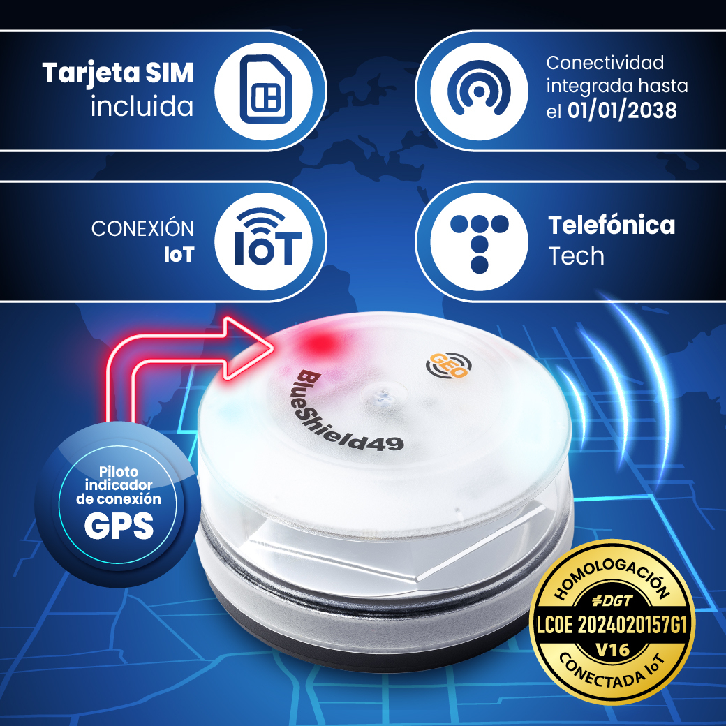 Un dispositivo blanco y negro con texto 'Blueshield49'. Tiene conectividad GPS. Los textos incluyen 'Tarjeta SIM incluida' y 'Conexión IoT'.