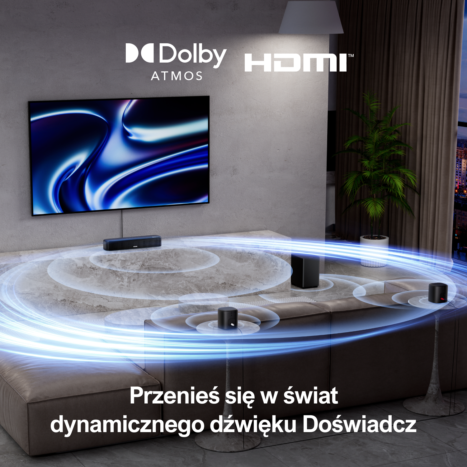 Układ salonu z telewizorem, soundbarem i głośnikami. Niebieskie fale dźwiękowe emanują z głośników. Pokój ma nowoczesny design.