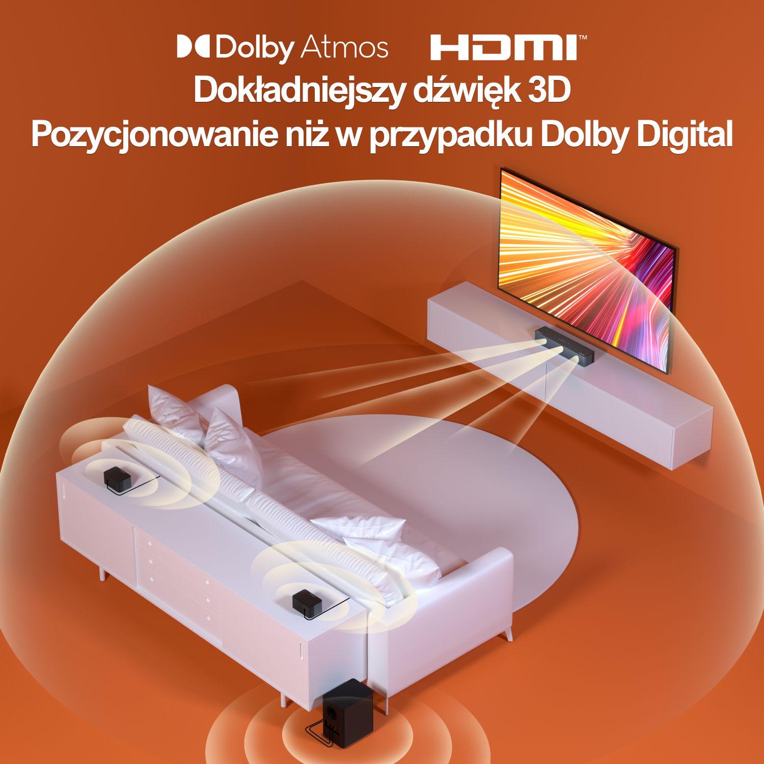 Ilustracja przedstawiająca białą sofę i telewizor, z falami dźwiękowymi emanującymi z głośników, podkreślającymi Dolby Atmos i HDMI.